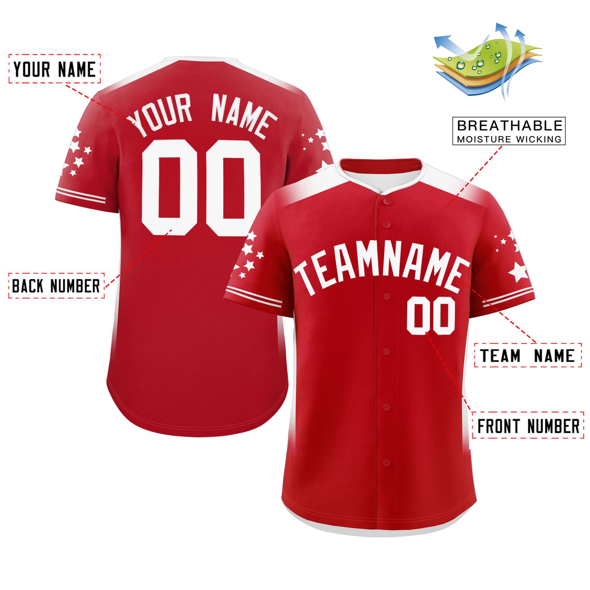 Custom Red White Gradient Side Personalized Star Pattern Authentic Baseball Jersey