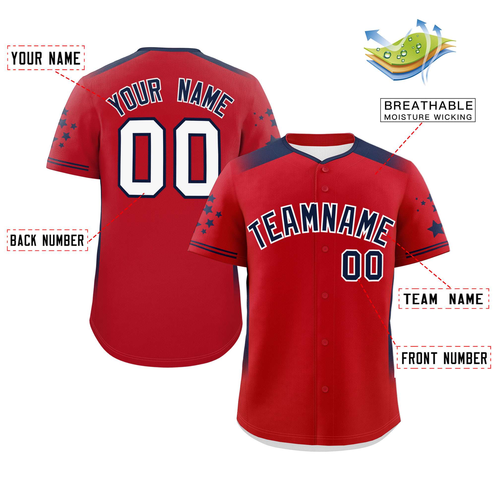 Custom Red Navy Gradient Side Personalized Star Pattern Authentic Baseball Jersey