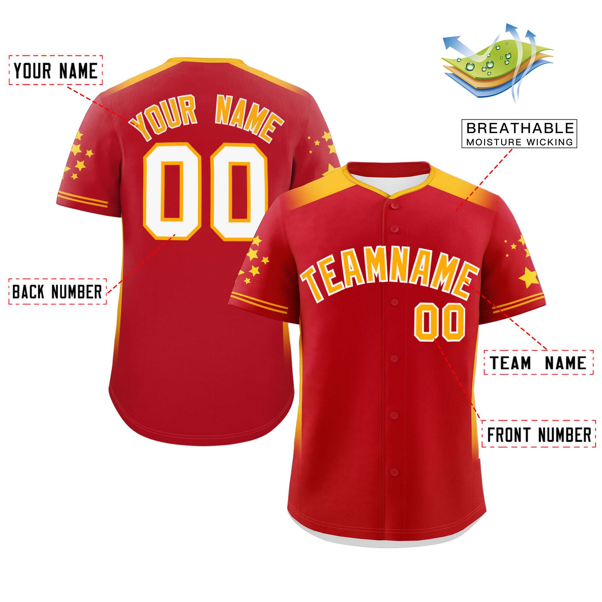 Custom Red Yellow Gradient Side Personalized Star Pattern Authentic Baseball Jersey