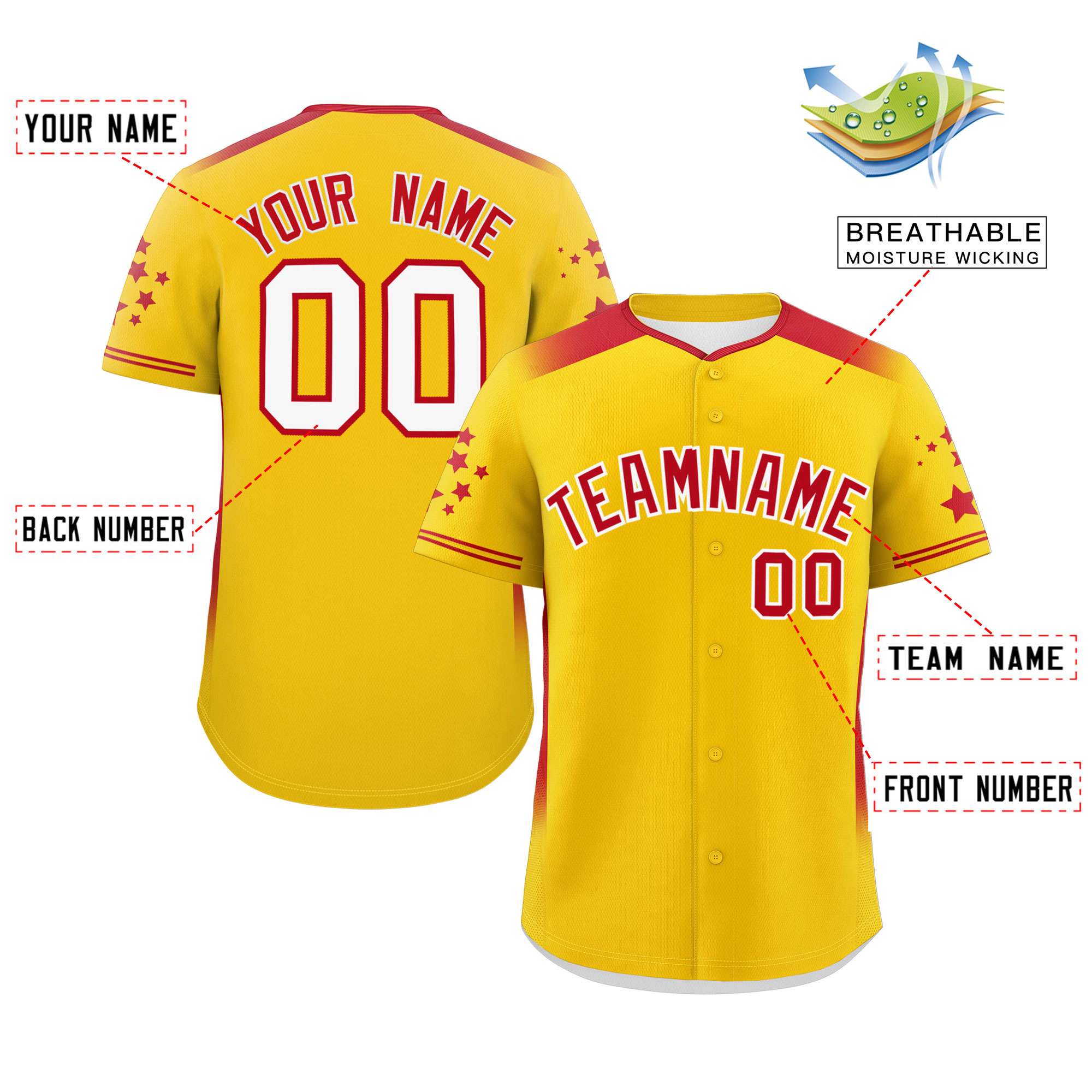 Custom Gold Red Gradient Side Personalized Star Pattern Authentic Baseball Jersey