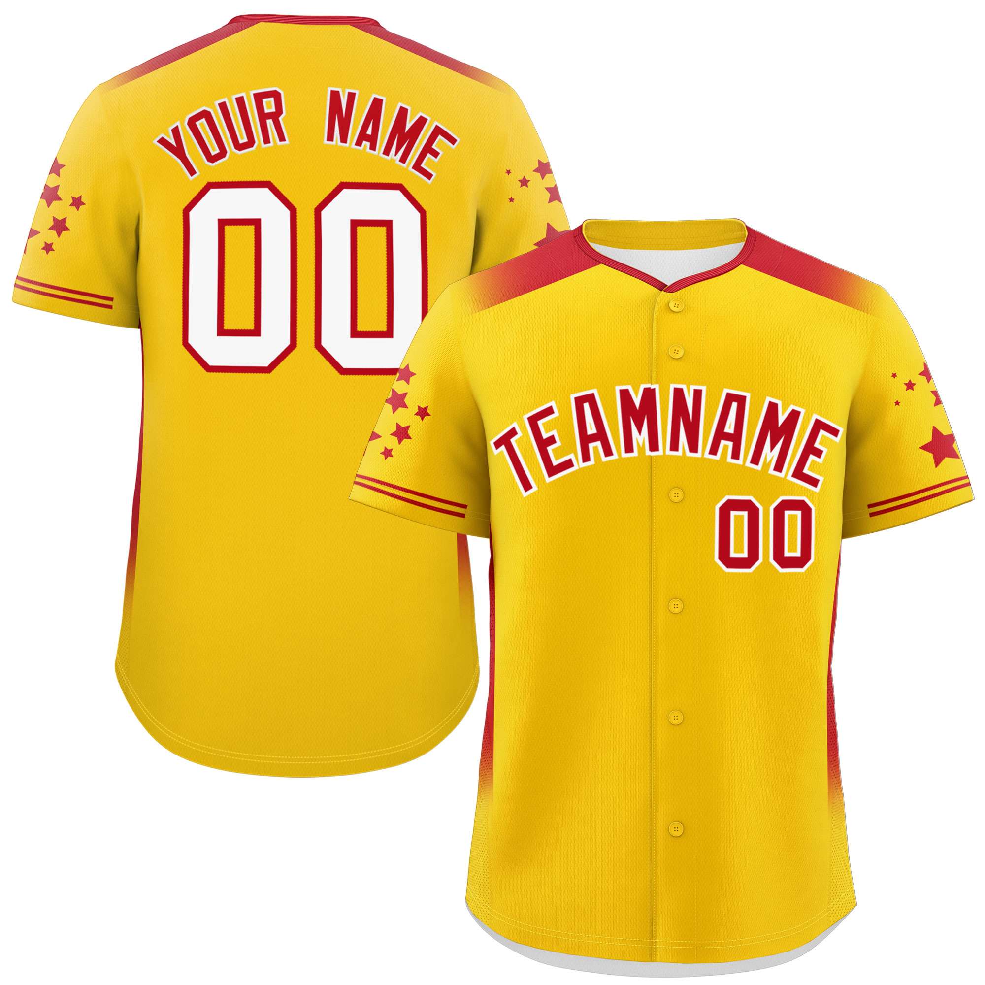 Custom Gold Red Gradient Side Personalized Star Pattern Authentic Baseball Jersey