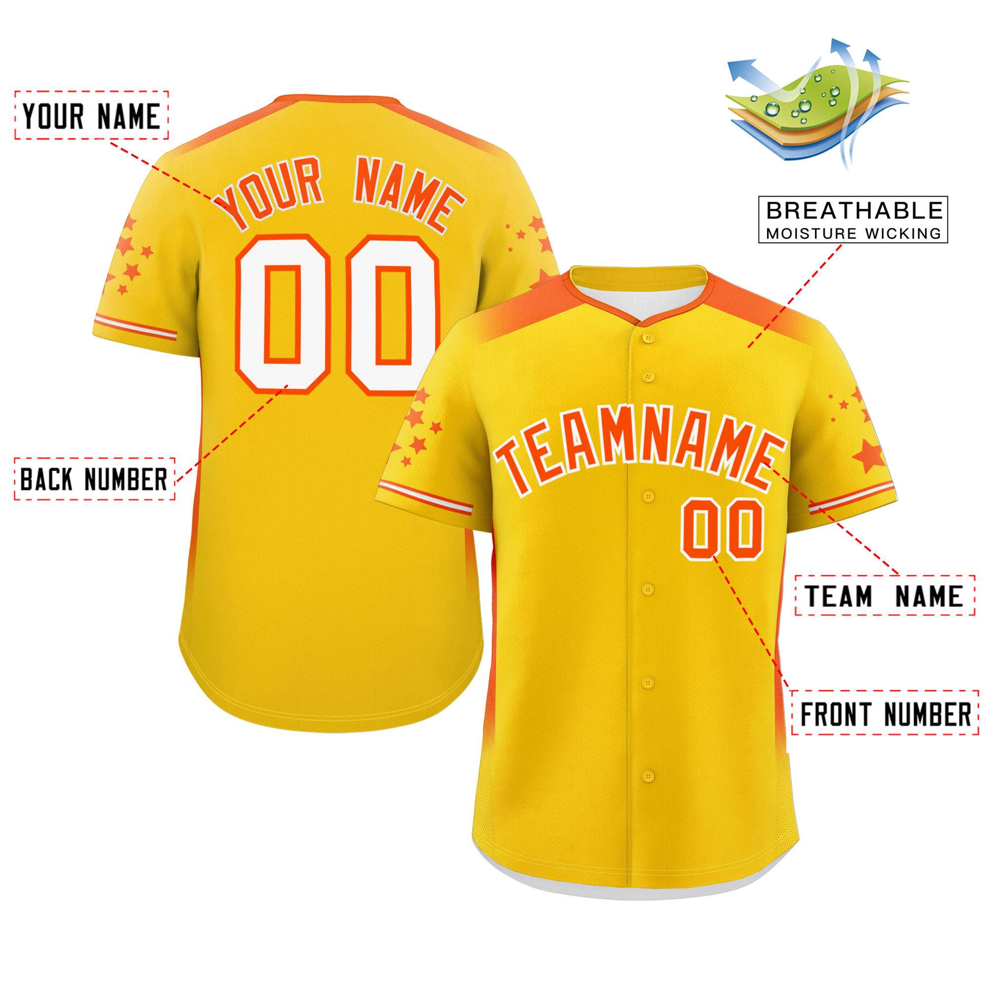 Custom Gold Orange Gradient Side Personalized Star Pattern Authentic Baseball Jersey