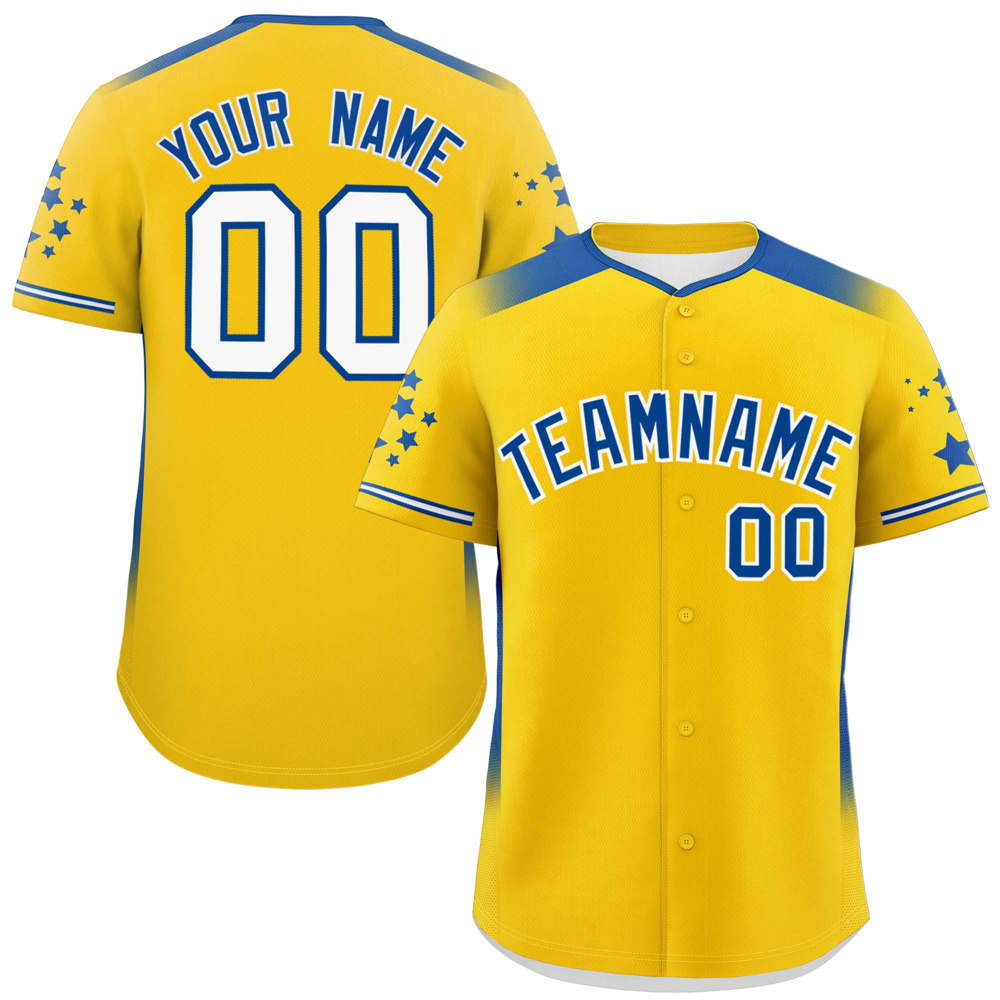 Custom Gold Royal Gradient Side Personalized Star Pattern Authentic Baseball Jersey