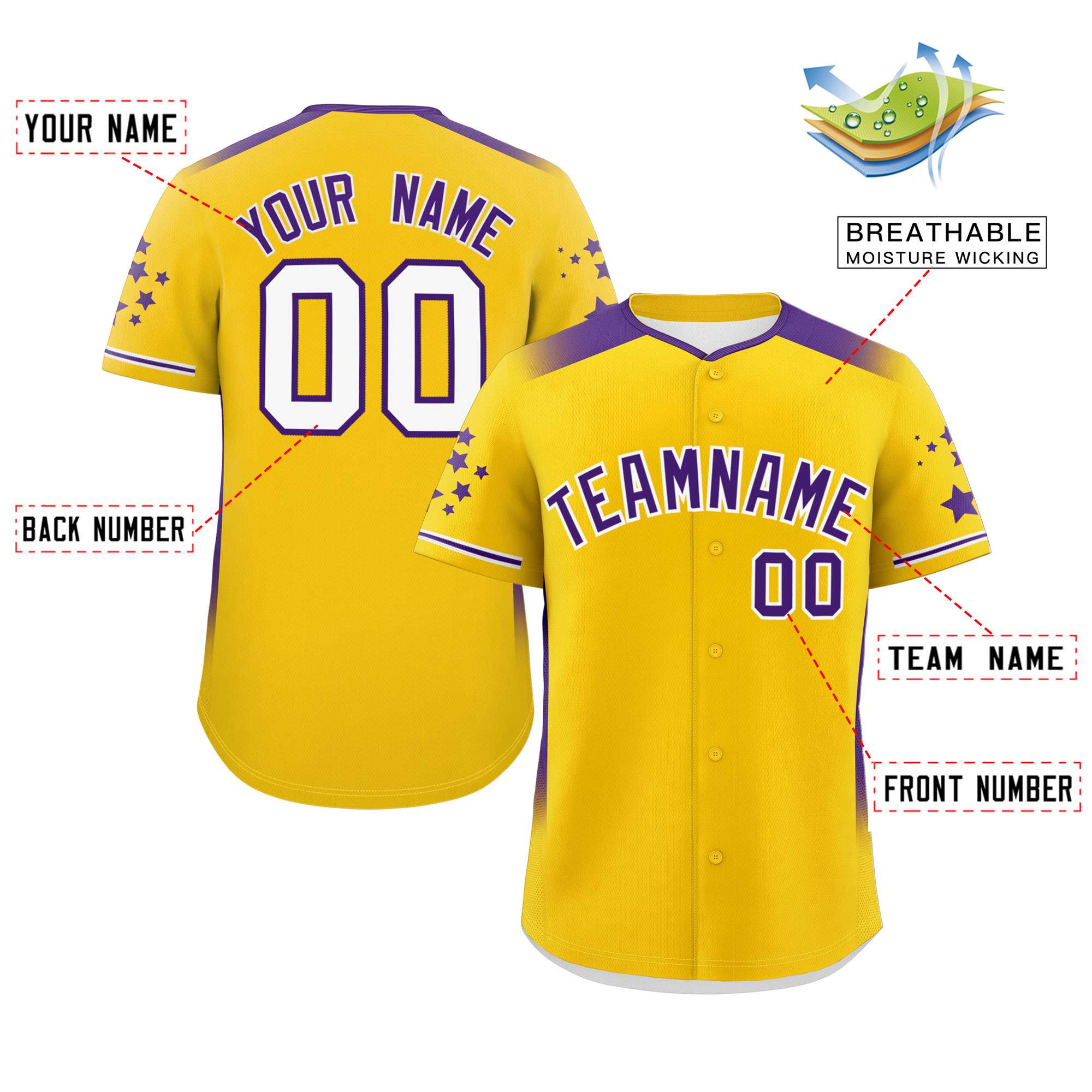 Custom Gold Purple Gradient Side Personalized Star Pattern Authentic Baseball Jersey