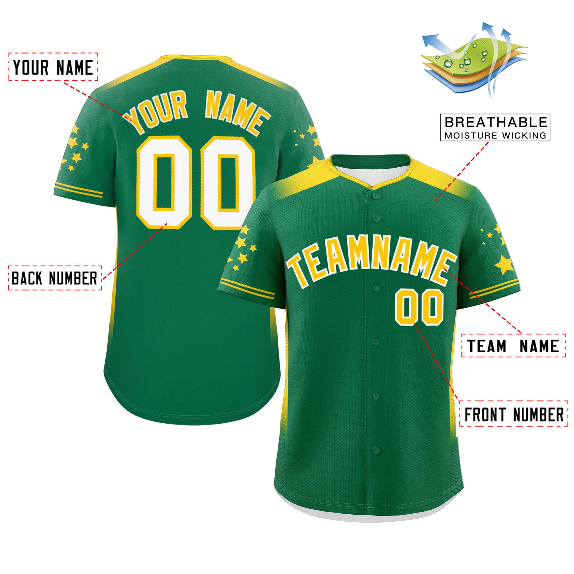 Custom Kelly Green Gold Gradient Side Personalized Star Pattern Authentic Baseball Jersey