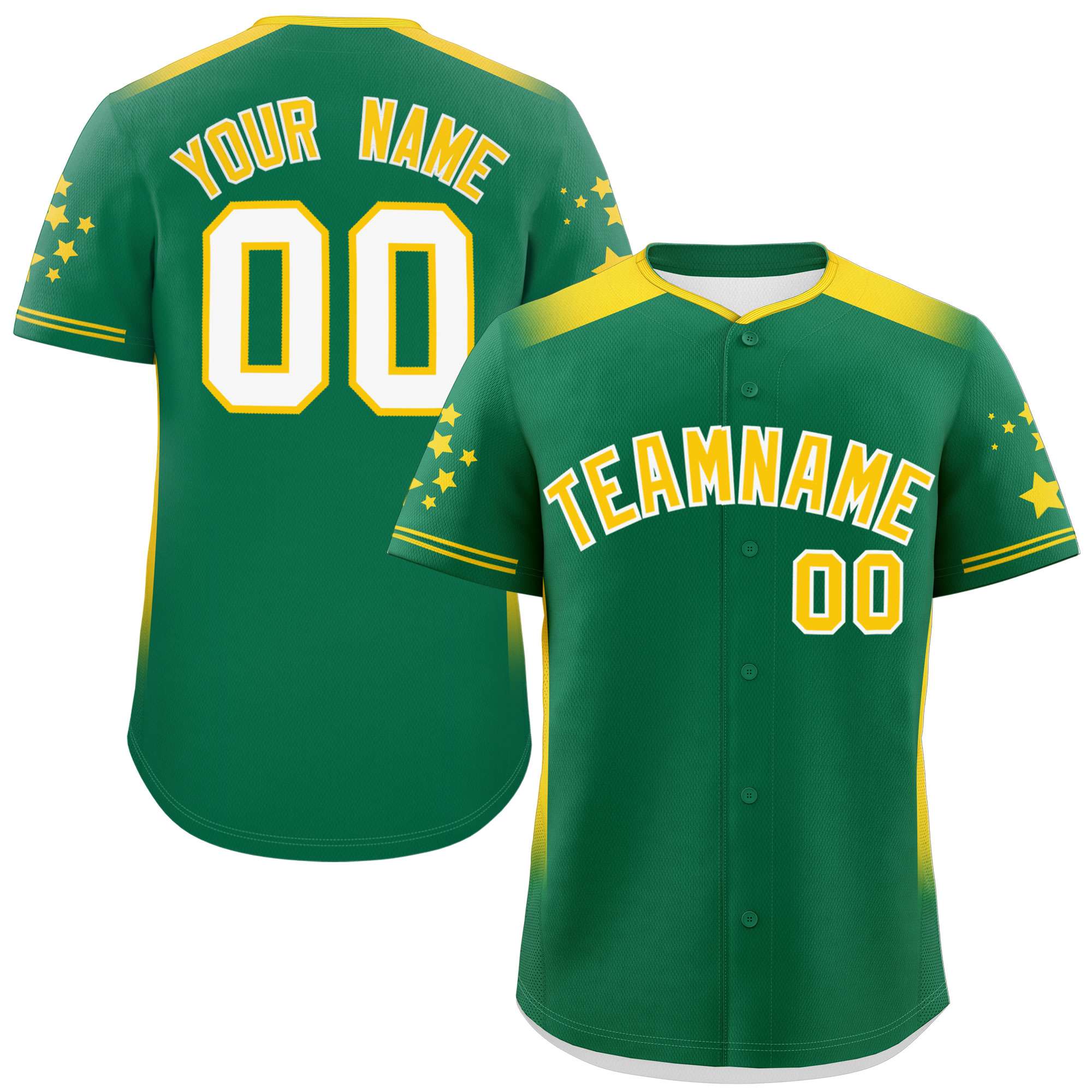 Custom Kelly Green Gold Gradient Side Personalized Star Pattern Authentic Baseball Jersey