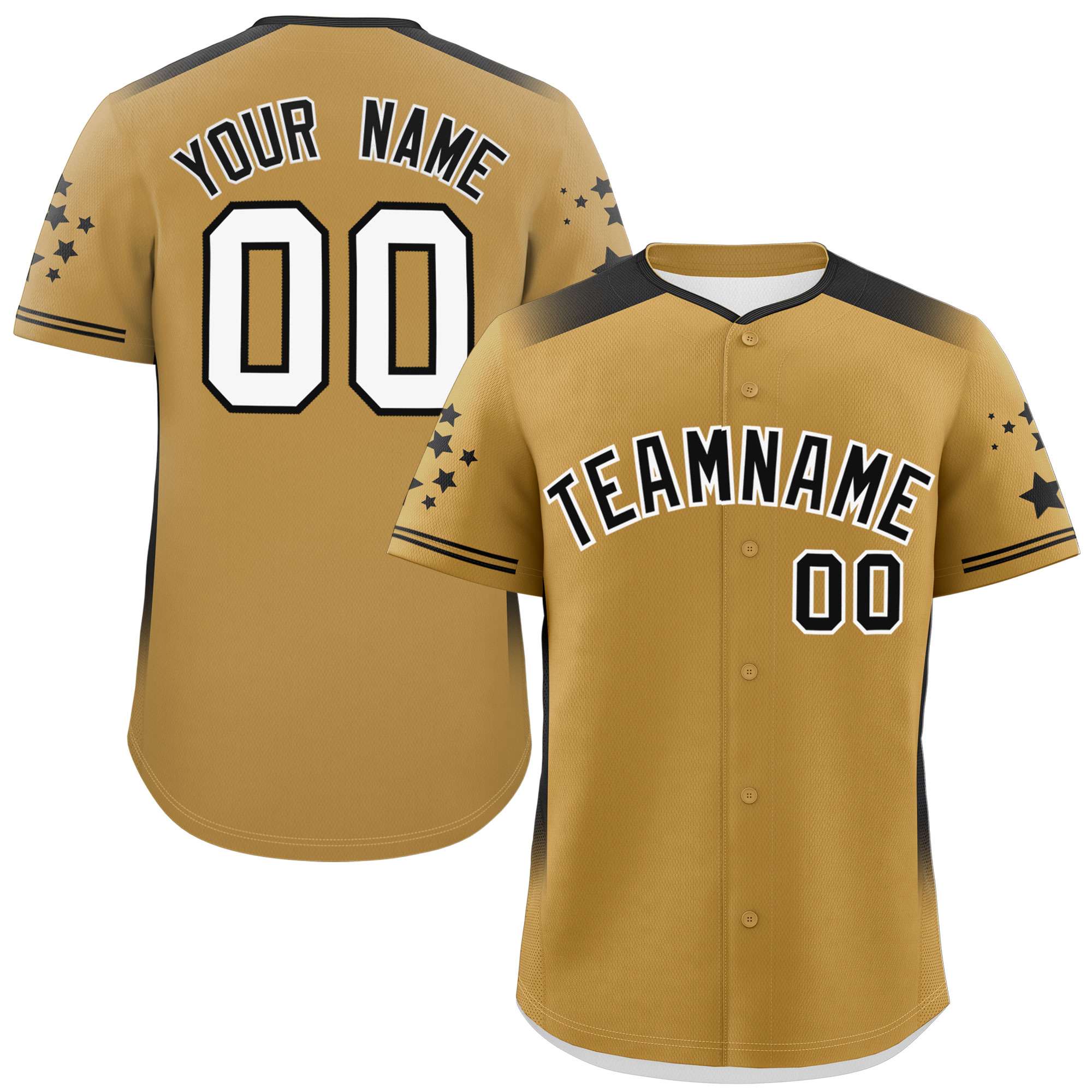 Custom Old Gold Black Gradient Side Personalized Star Pattern Authentic Baseball Jersey