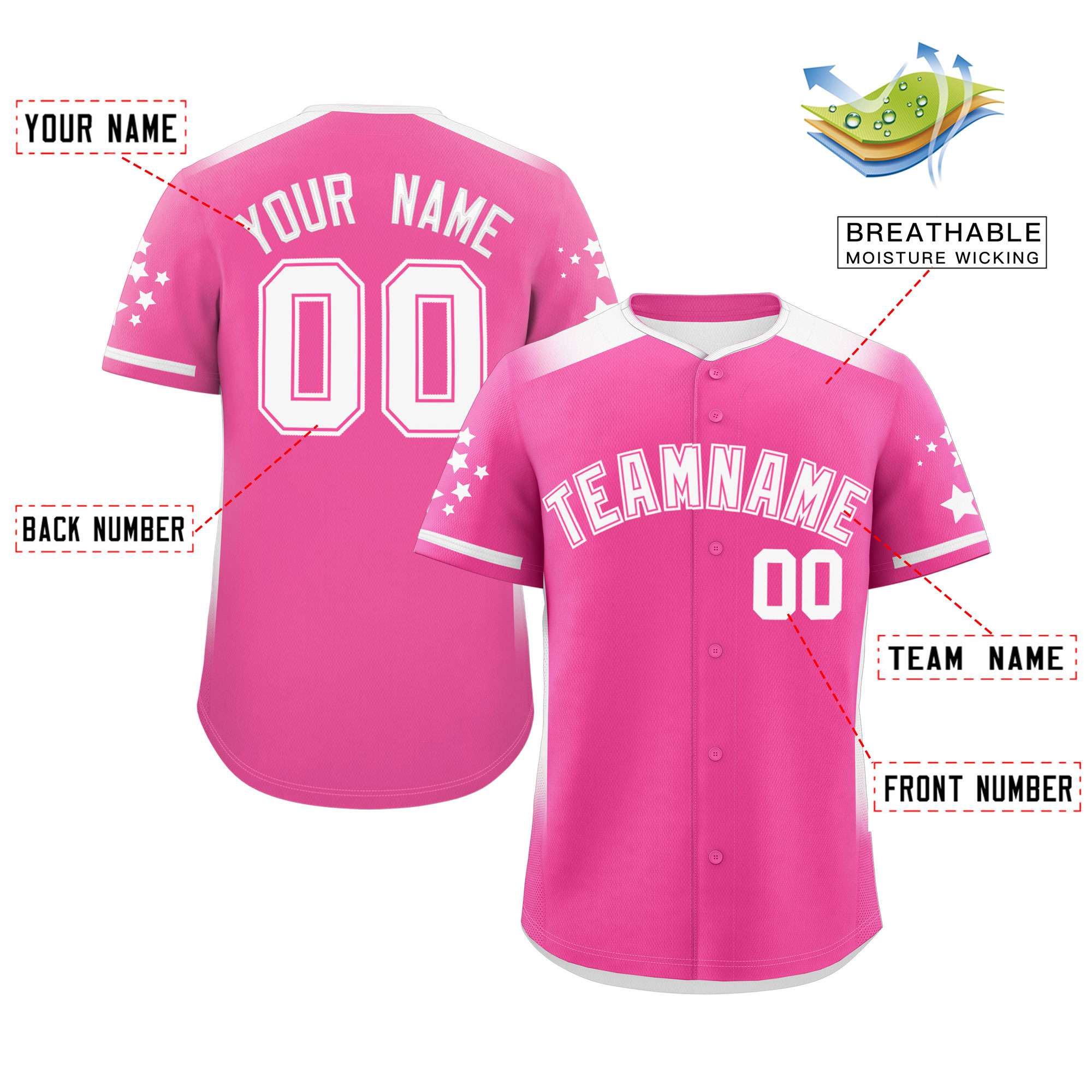 Custom Pink White Gradient Side Personalized Star Pattern Authentic Baseball Jersey