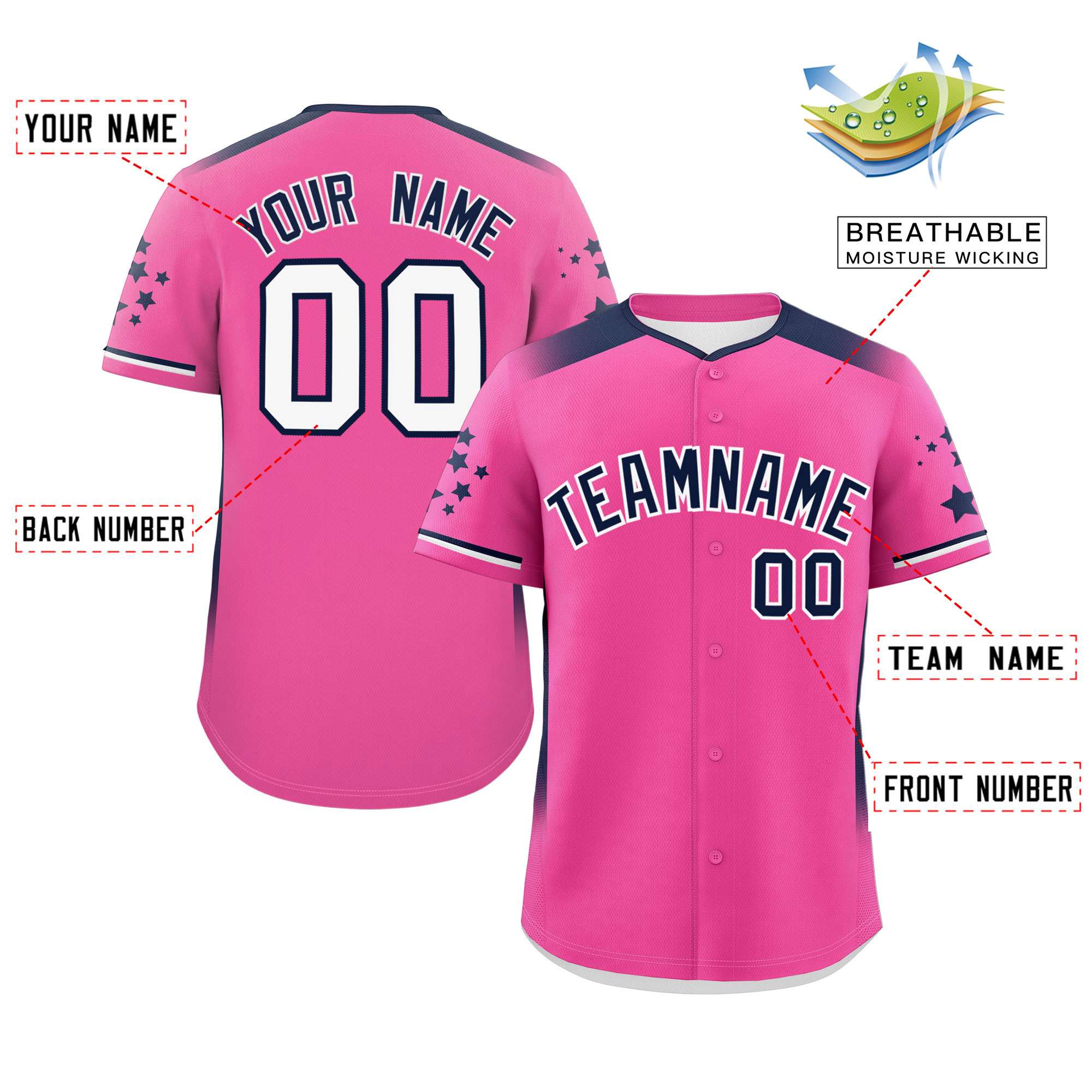 Custom Pink Navy Gradient Side Personalized Star Pattern Authentic Baseball Jersey