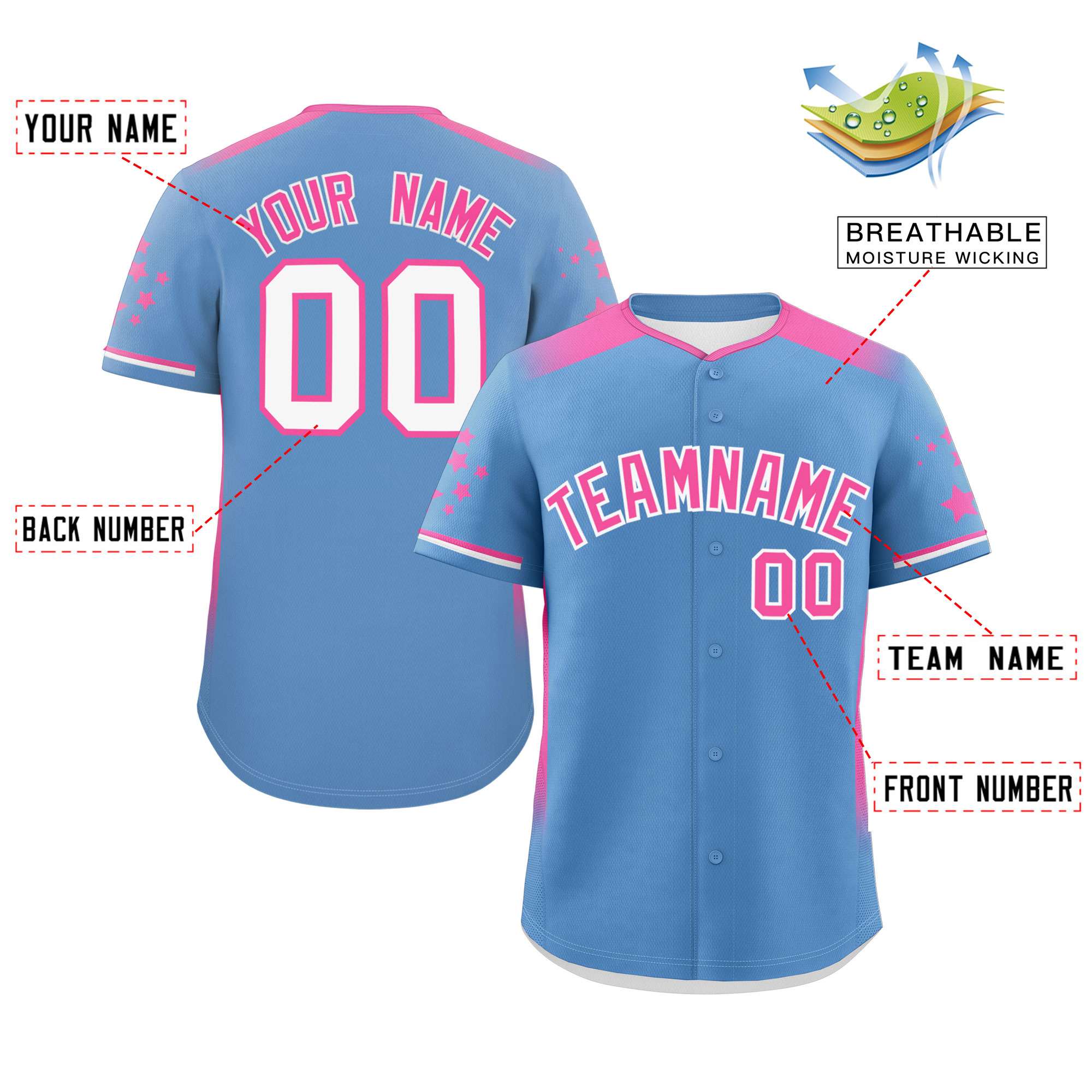 Custom Light Blue Pink Gradient Side Personalized Star Pattern Authentic Baseball Jersey