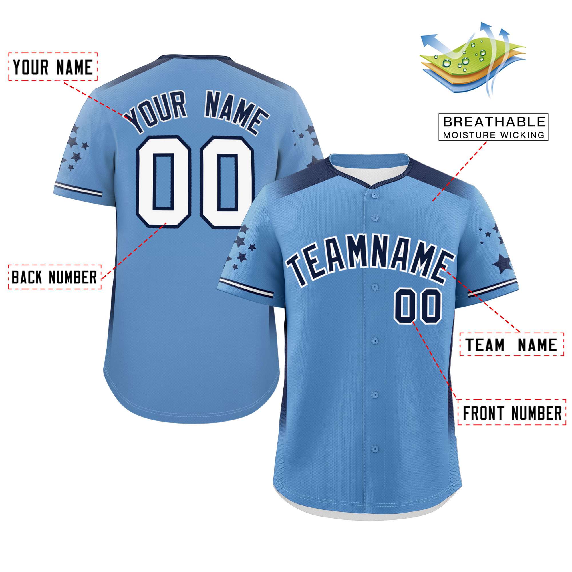 Custom Light Blue Navy Gradient Side Personalized Star Pattern Authentic Baseball Jersey