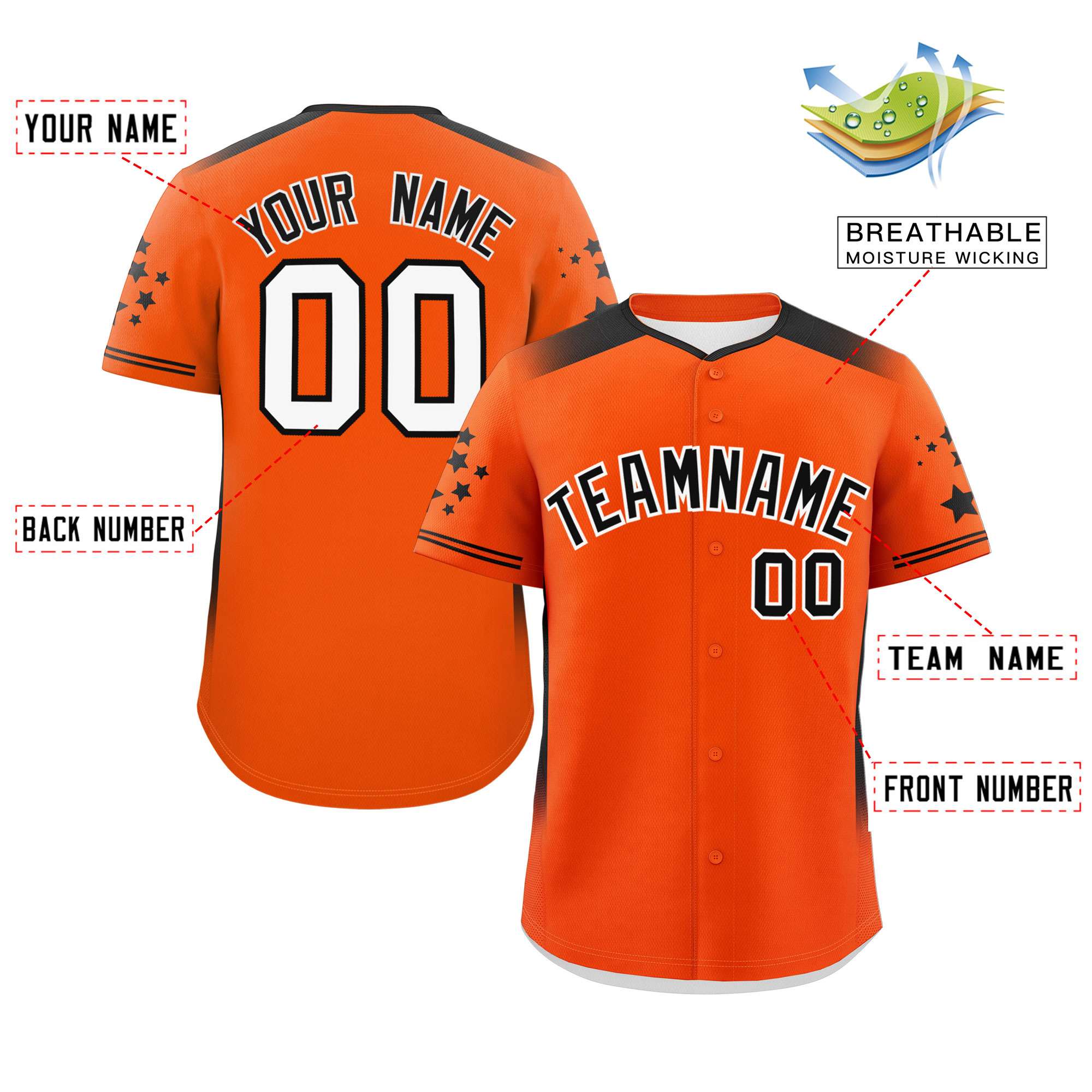 Custom Orange Black Gradient Side Personalized Star Pattern Authentic Baseball Jersey