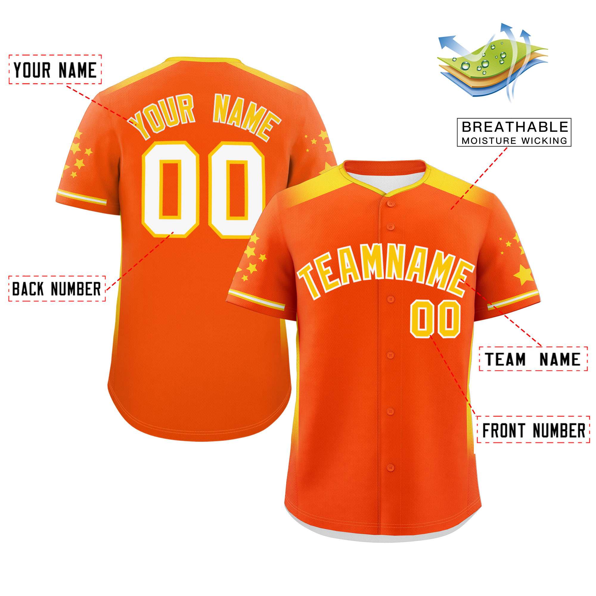 Custom Orange Gold Gradient Side Personalized Star Pattern Authentic Baseball Jersey