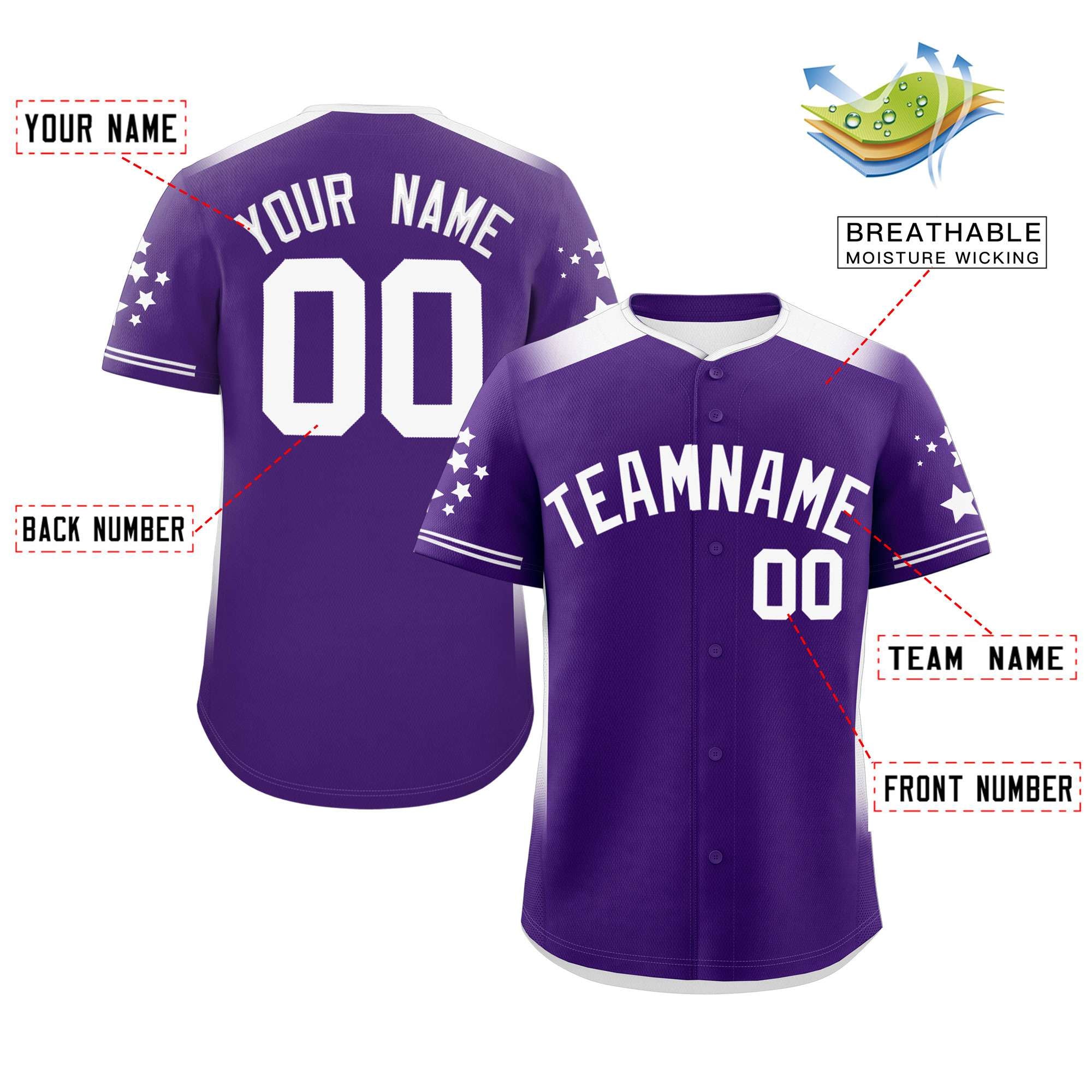 Custom Purple White Gradient Side Personalized Star Pattern Authentic Baseball Jersey