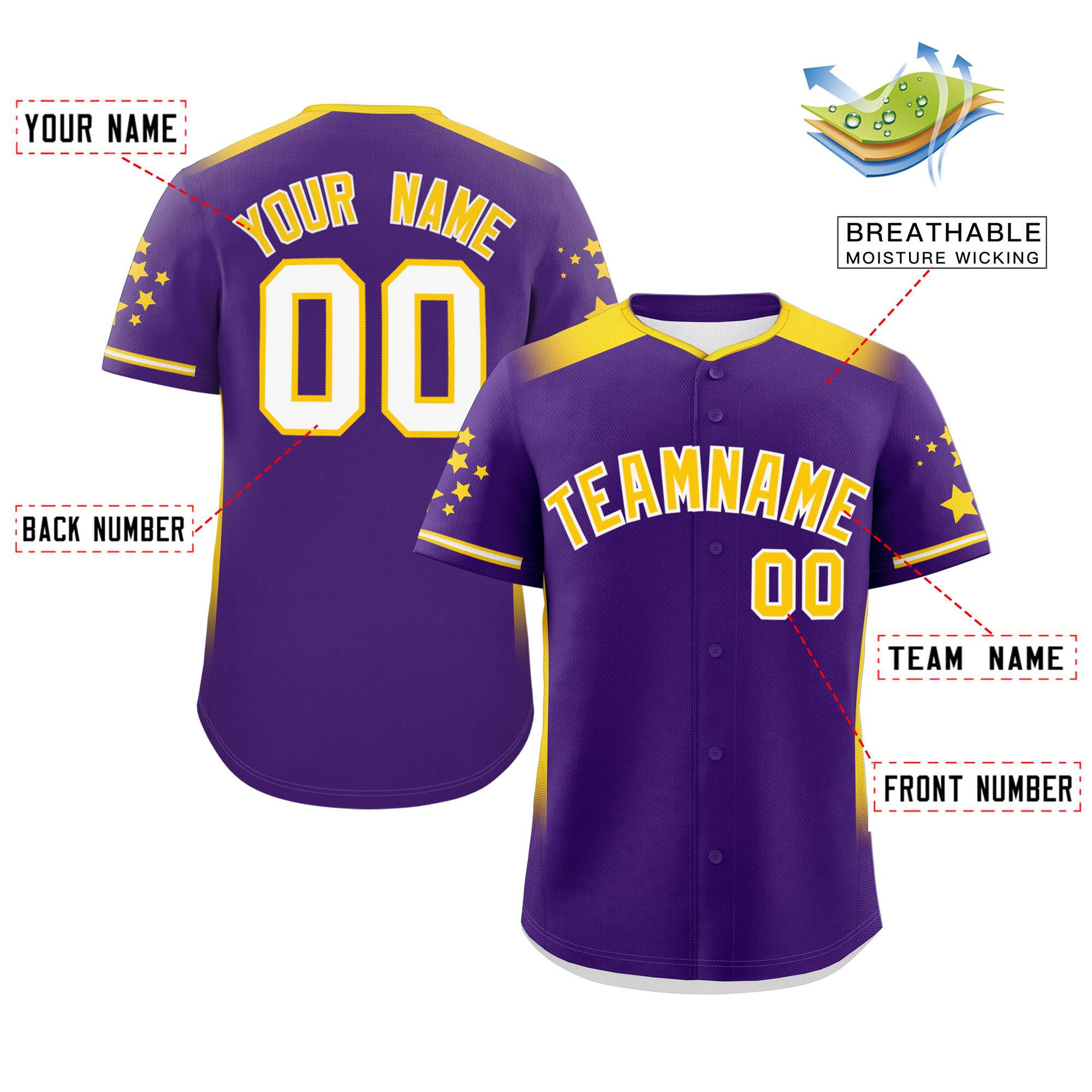 Custom Purple Gold Gradient Side Personalized Star Pattern Authentic Baseball Jersey