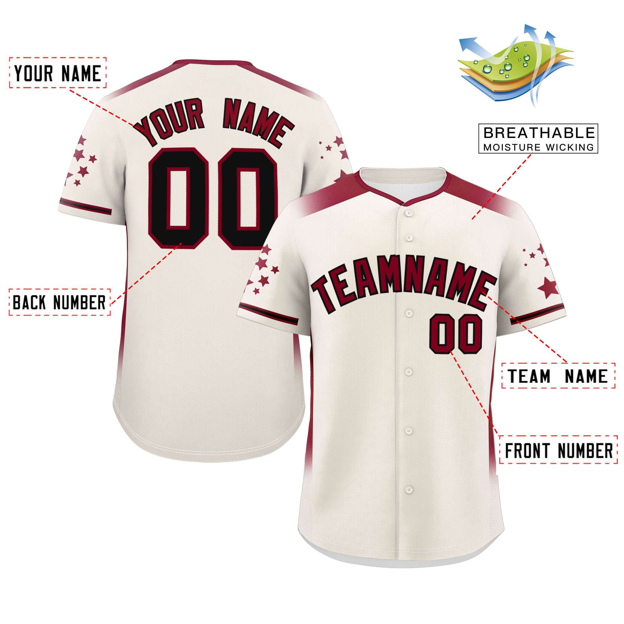 Custom Cream Crimson Gradient Side Personalized Star Pattern Authentic Baseball Jersey