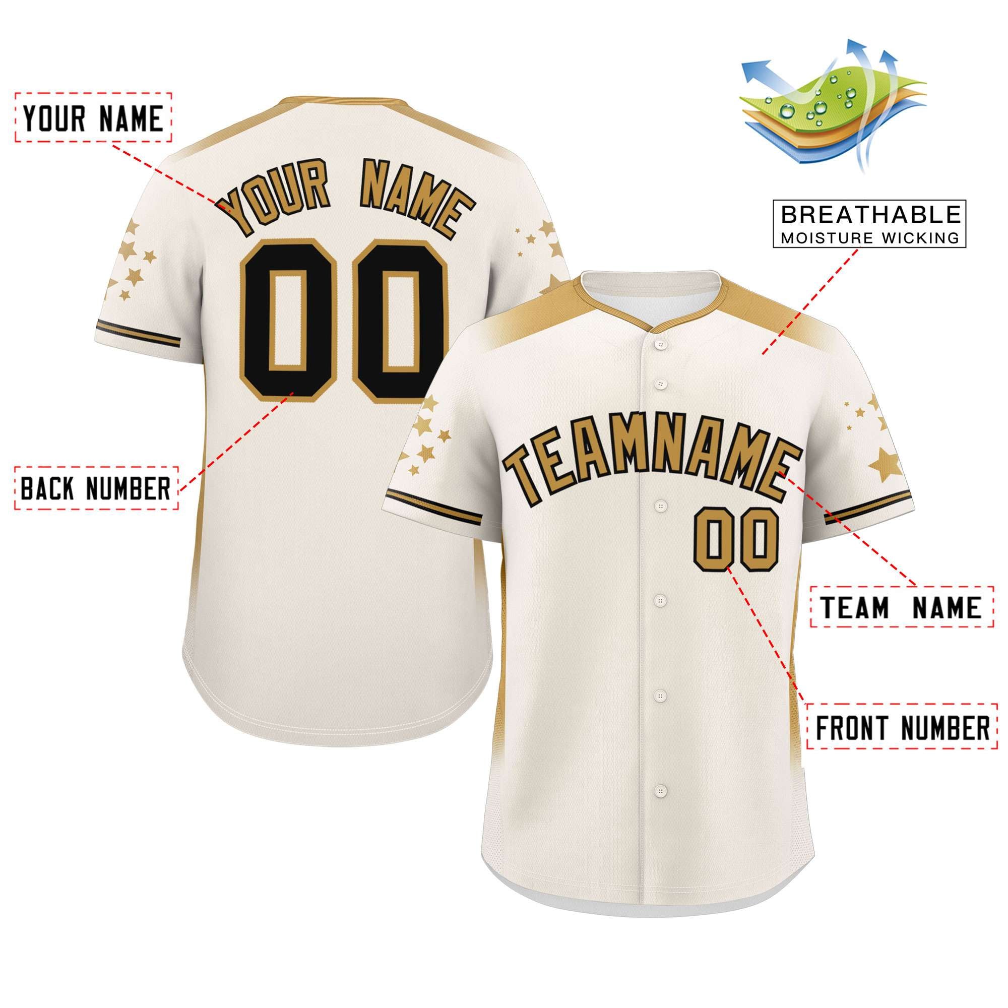 Custom Cream Old Gold Gradient Side Personalized Star Pattern Authentic Baseball Jersey