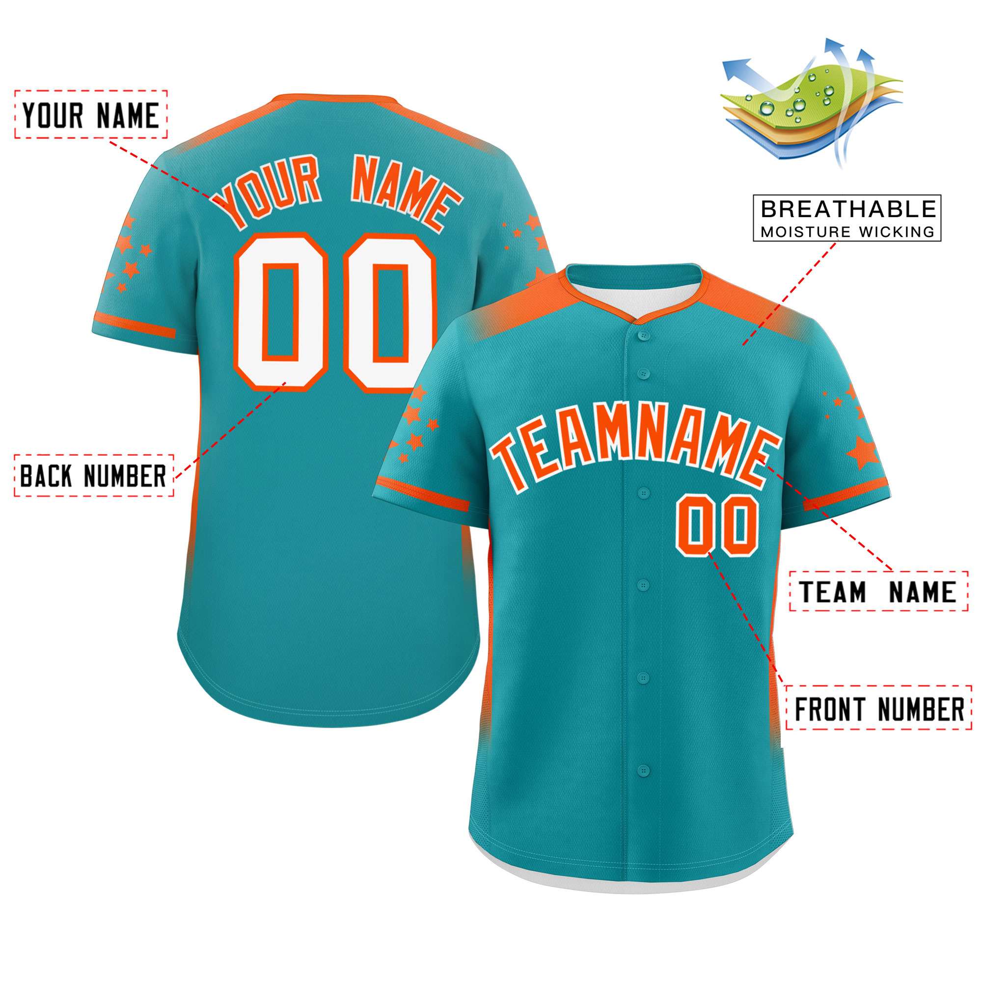 Custom Aqua Orange Gradient Side Personalized Star Pattern Authentic Baseball Jersey