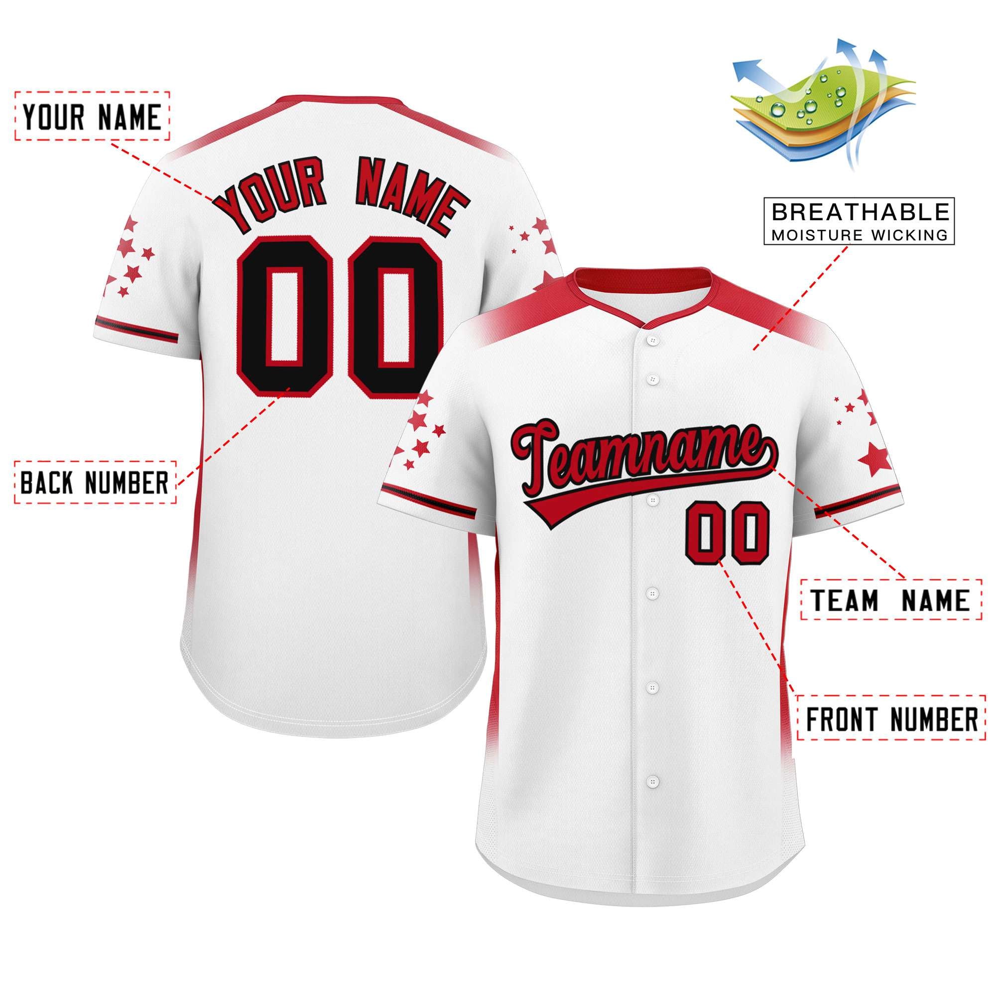 Custom White Red Gradient Side Personalized Star Pattern Authentic Baseball Jersey