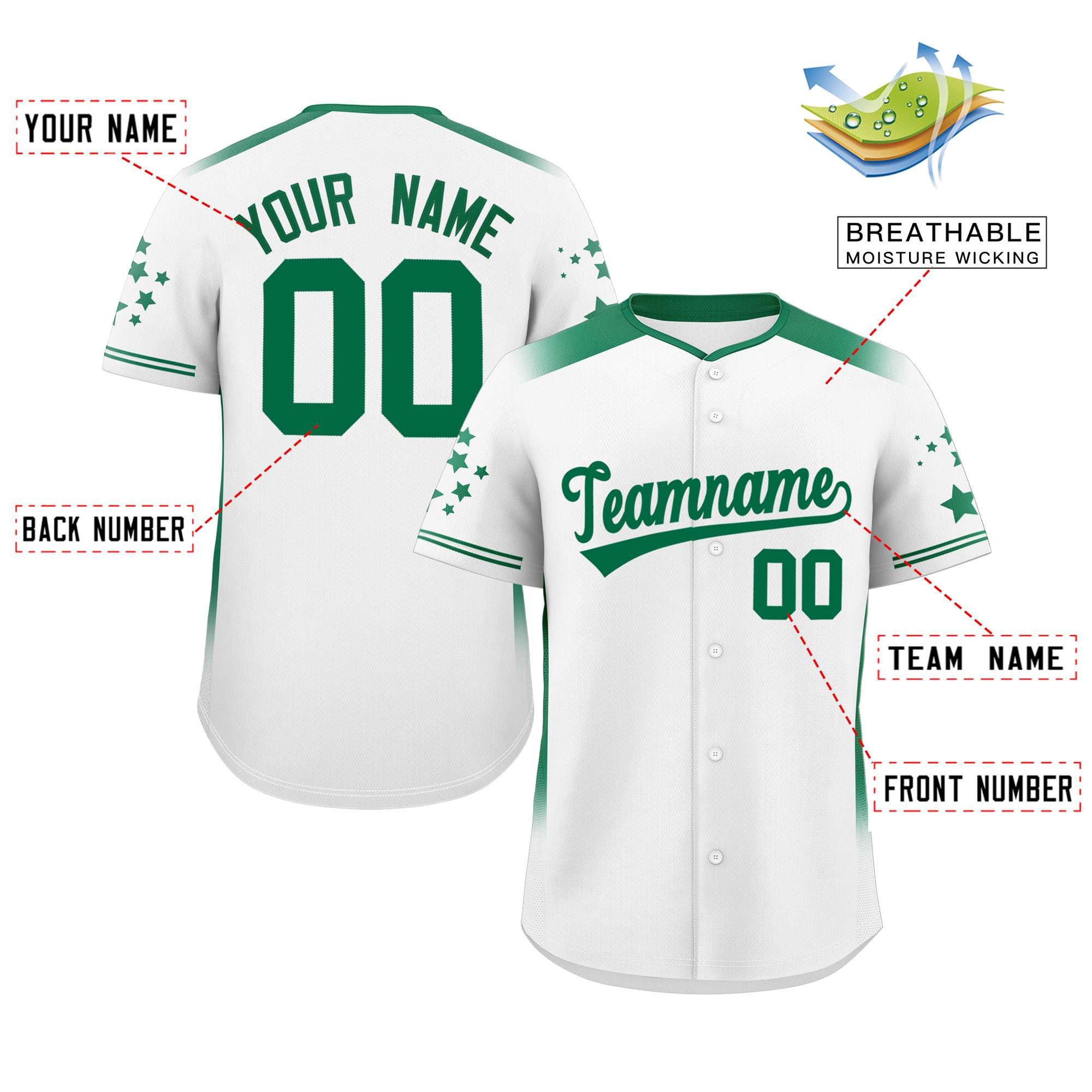 Custom White Kelly Green Gradient Side Personalized Star Pattern Authentic Baseball Jersey