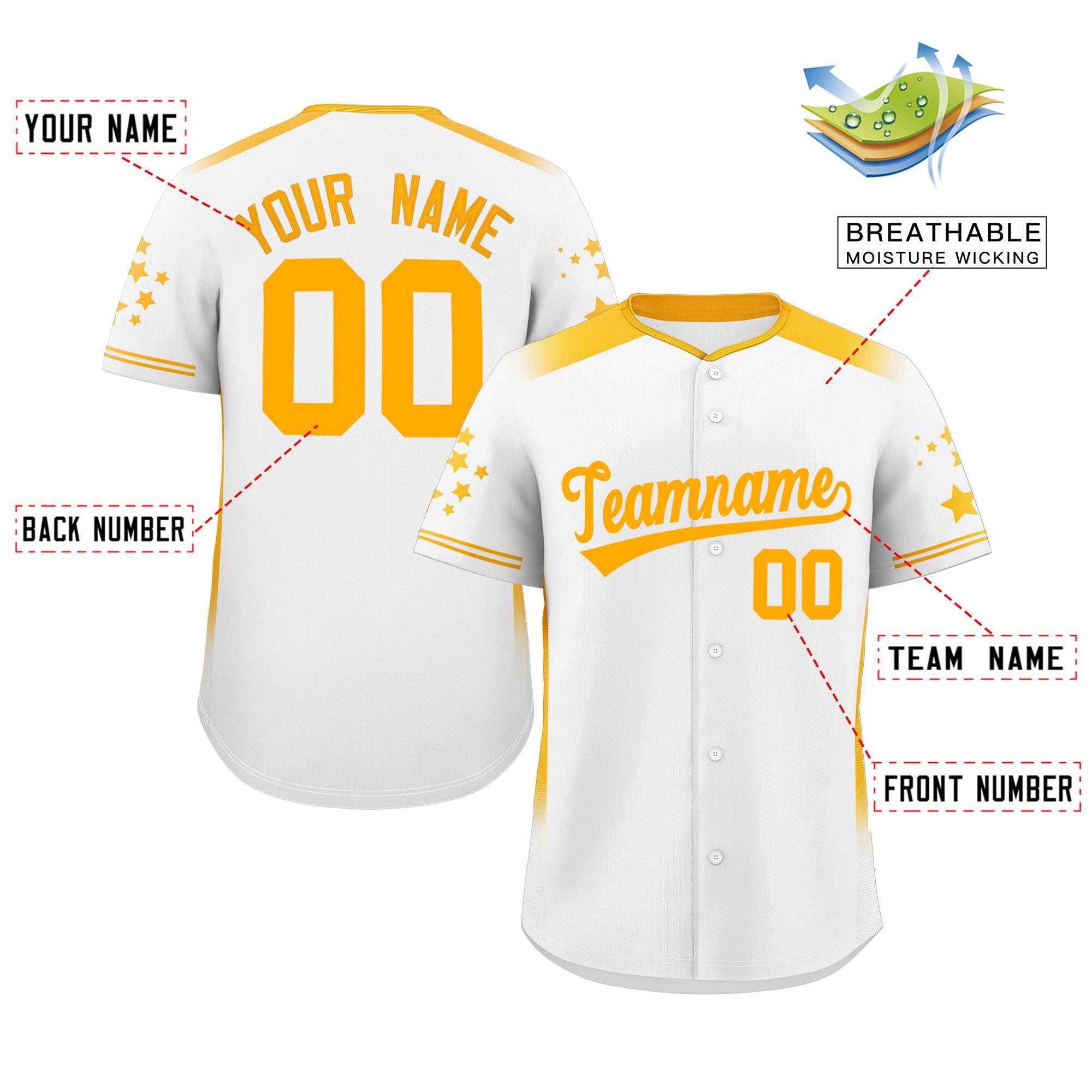 Custom White Yellow Gradient Side Personalized Star Pattern Authentic Baseball Jersey