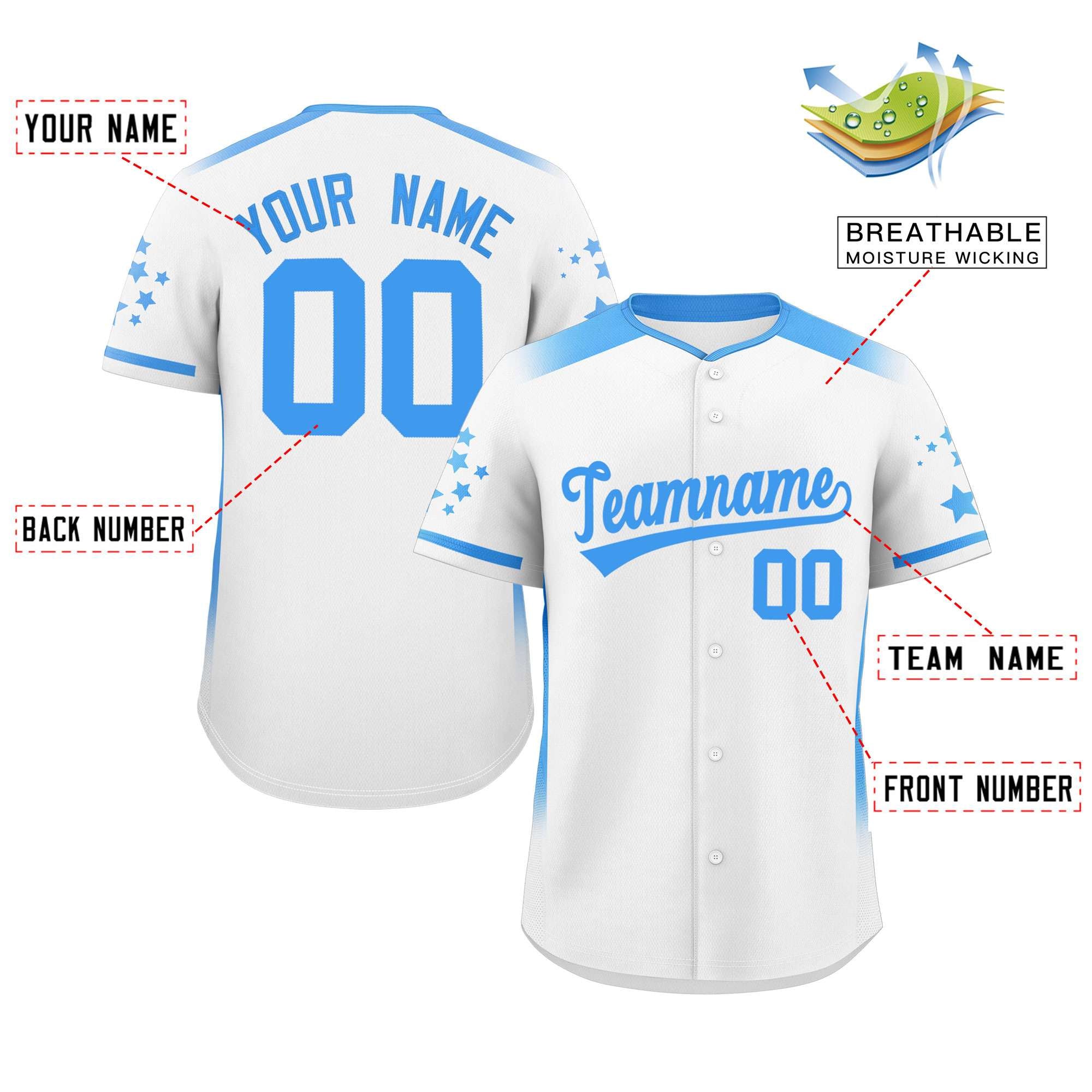 Custom White Powder Blue Gradient Side Personalized Star Pattern Authentic Baseball Jersey