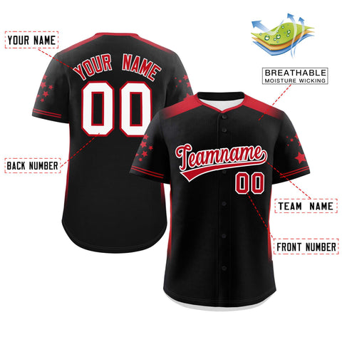 Custom Black Red Gradient Side Personalized Star Pattern Authentic Baseball Jersey