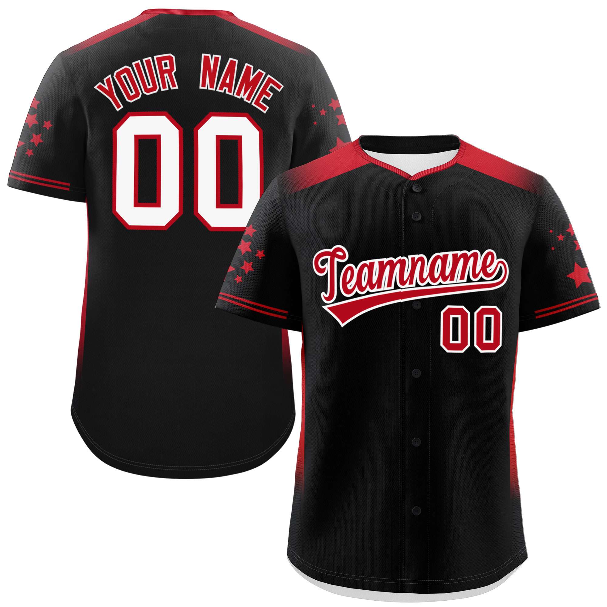 Custom Black Red Gradient Side Personalized Star Pattern Authentic Baseball Jersey