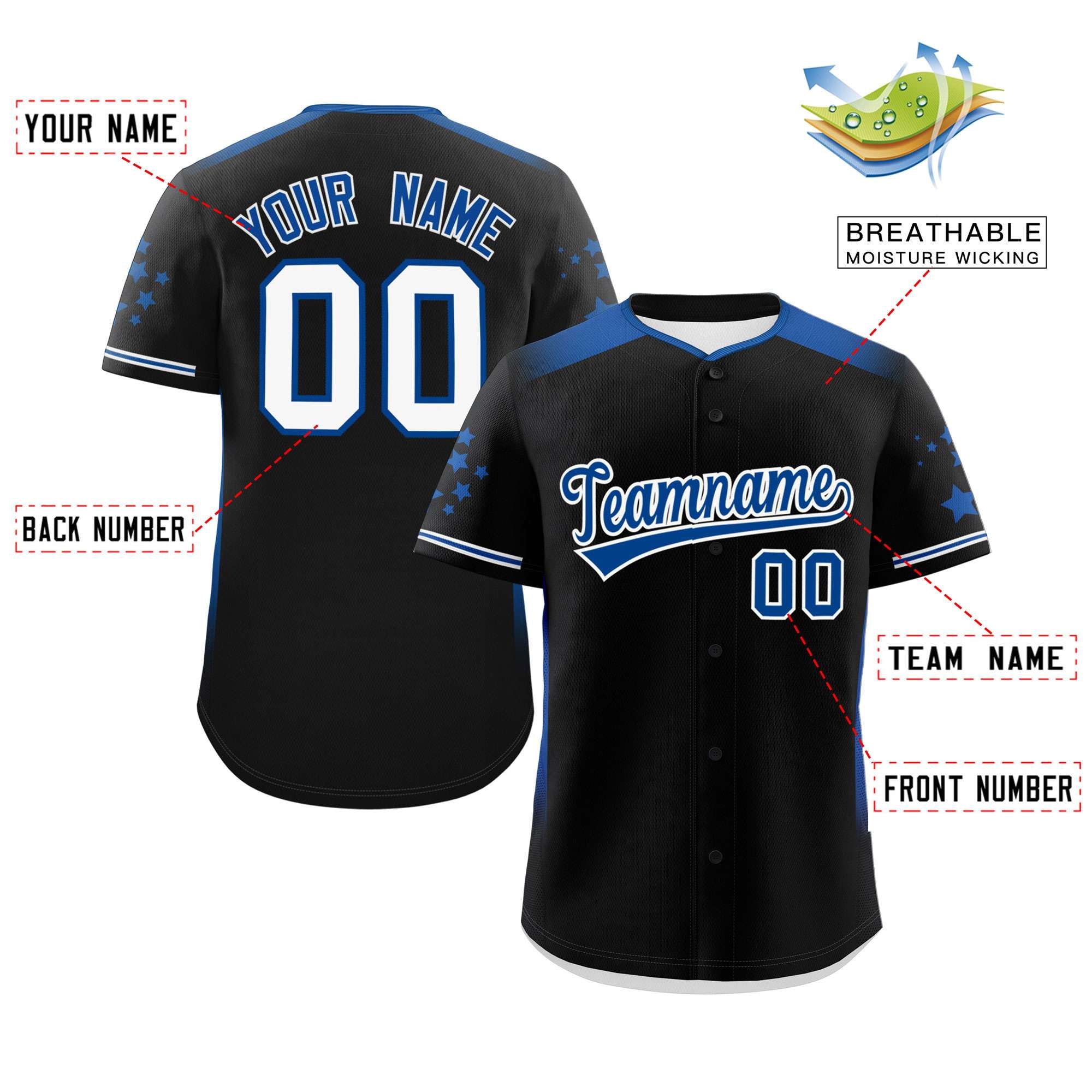 Custom Black Royal Gradient Side Personalized Star Pattern Authentic Baseball Jersey