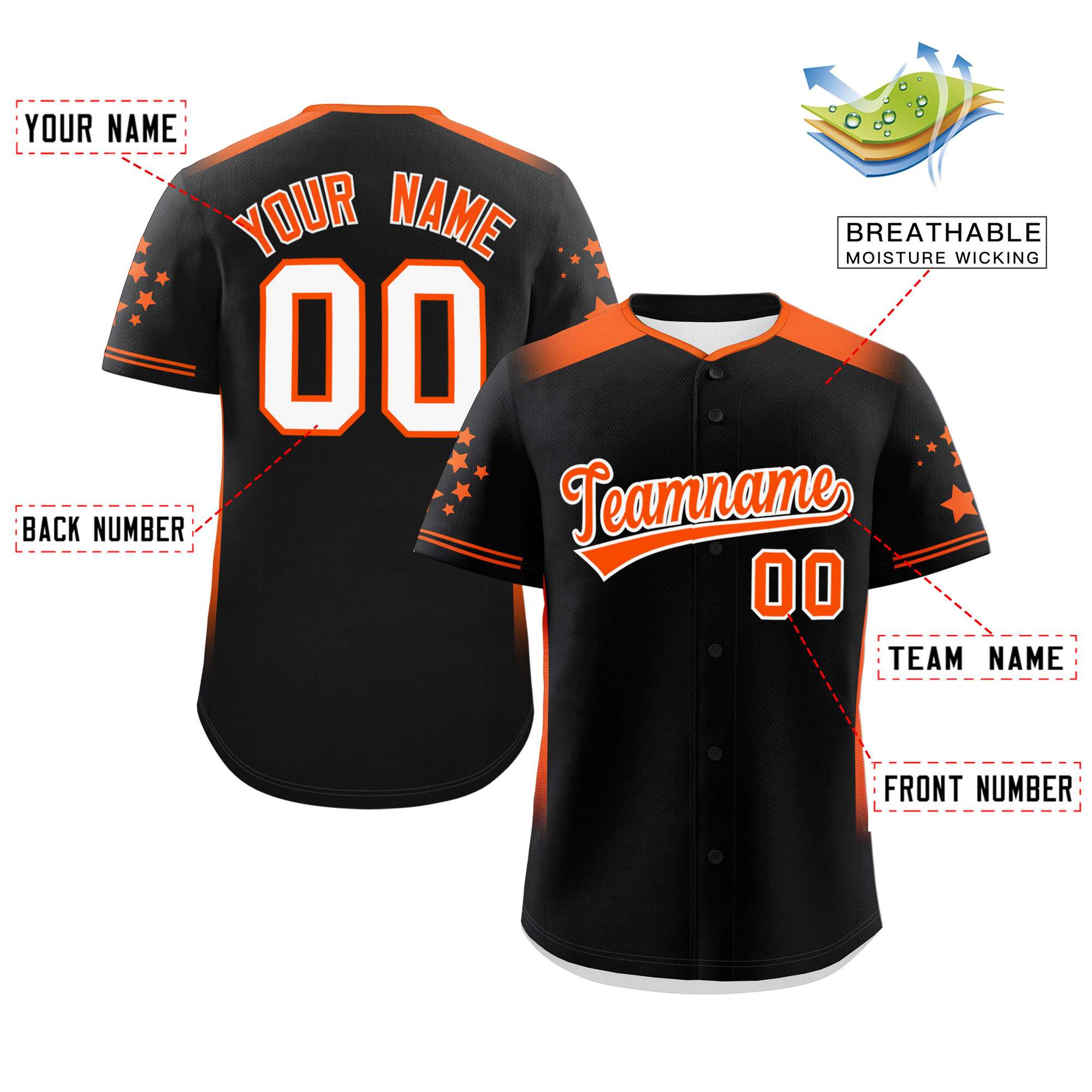 Custom Black Orange Gradient Side Personalized Star Pattern Authentic Baseball Jersey