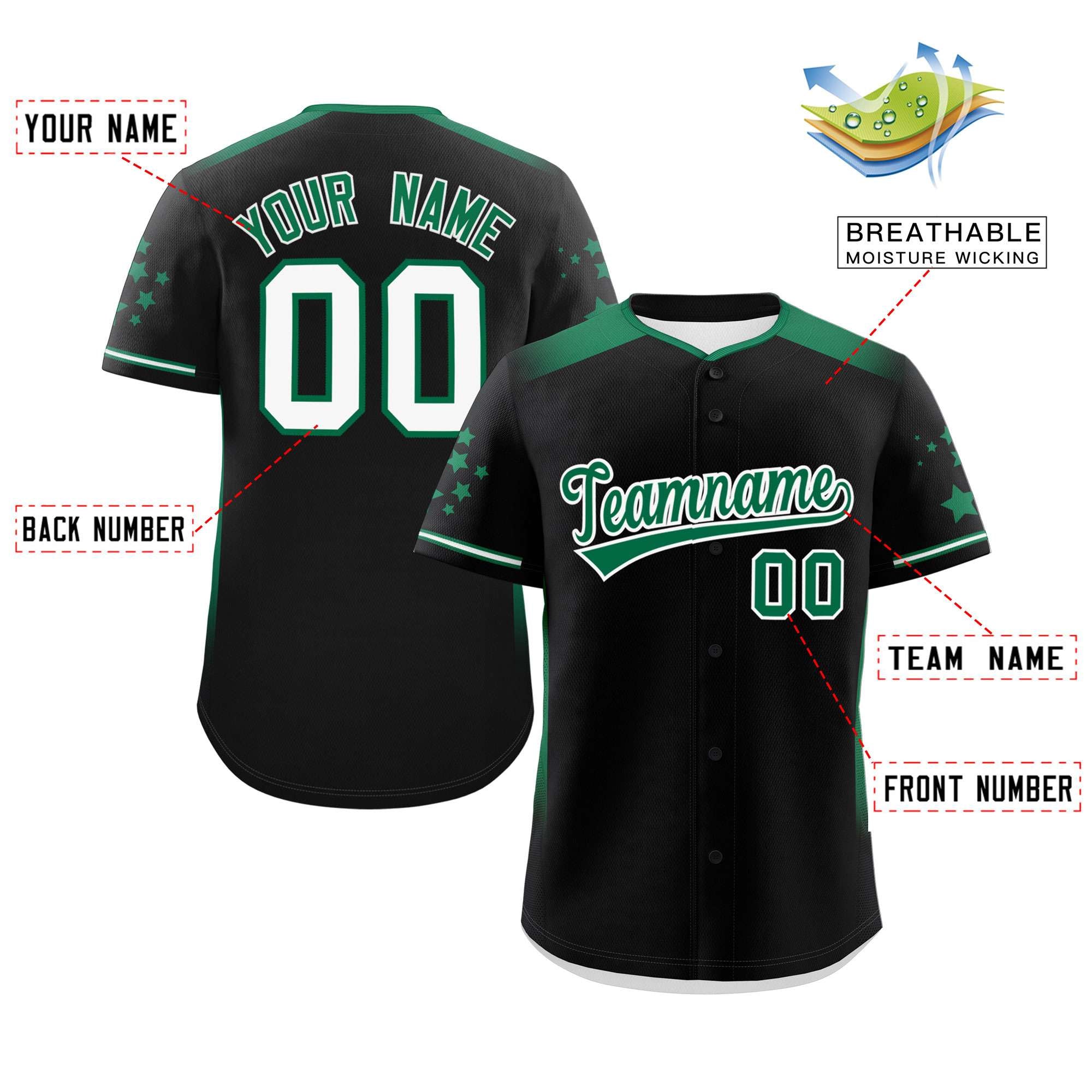 Custom Black Kelly Green Gradient Side Personalized Star Pattern Authentic Baseball Jersey