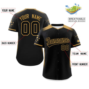 Custom Black Old Gold Gradient Side Personalized Star Pattern Authentic Baseball Jersey