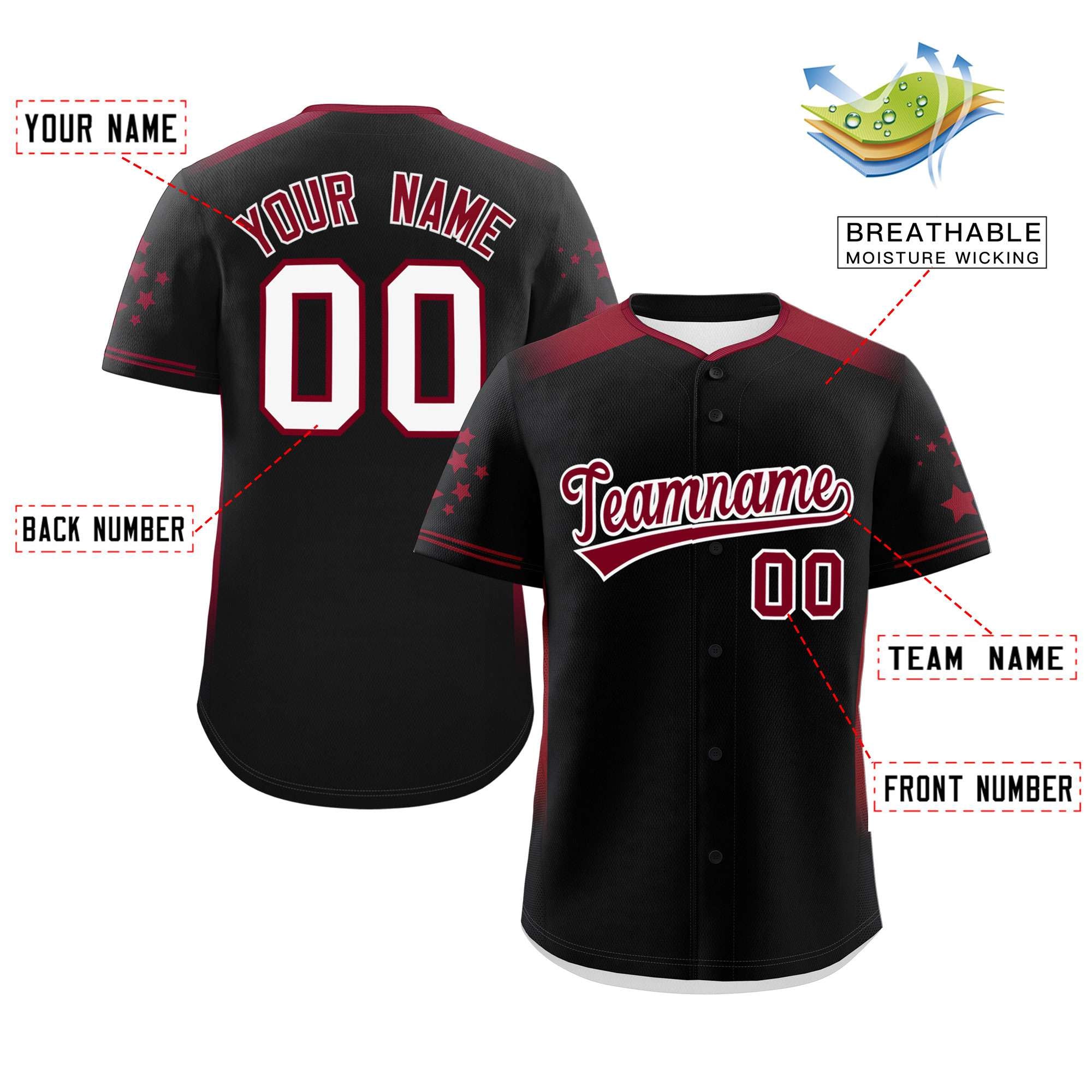 Custom Black Crimson Gradient Side Personalized Star Pattern Authentic Baseball Jersey