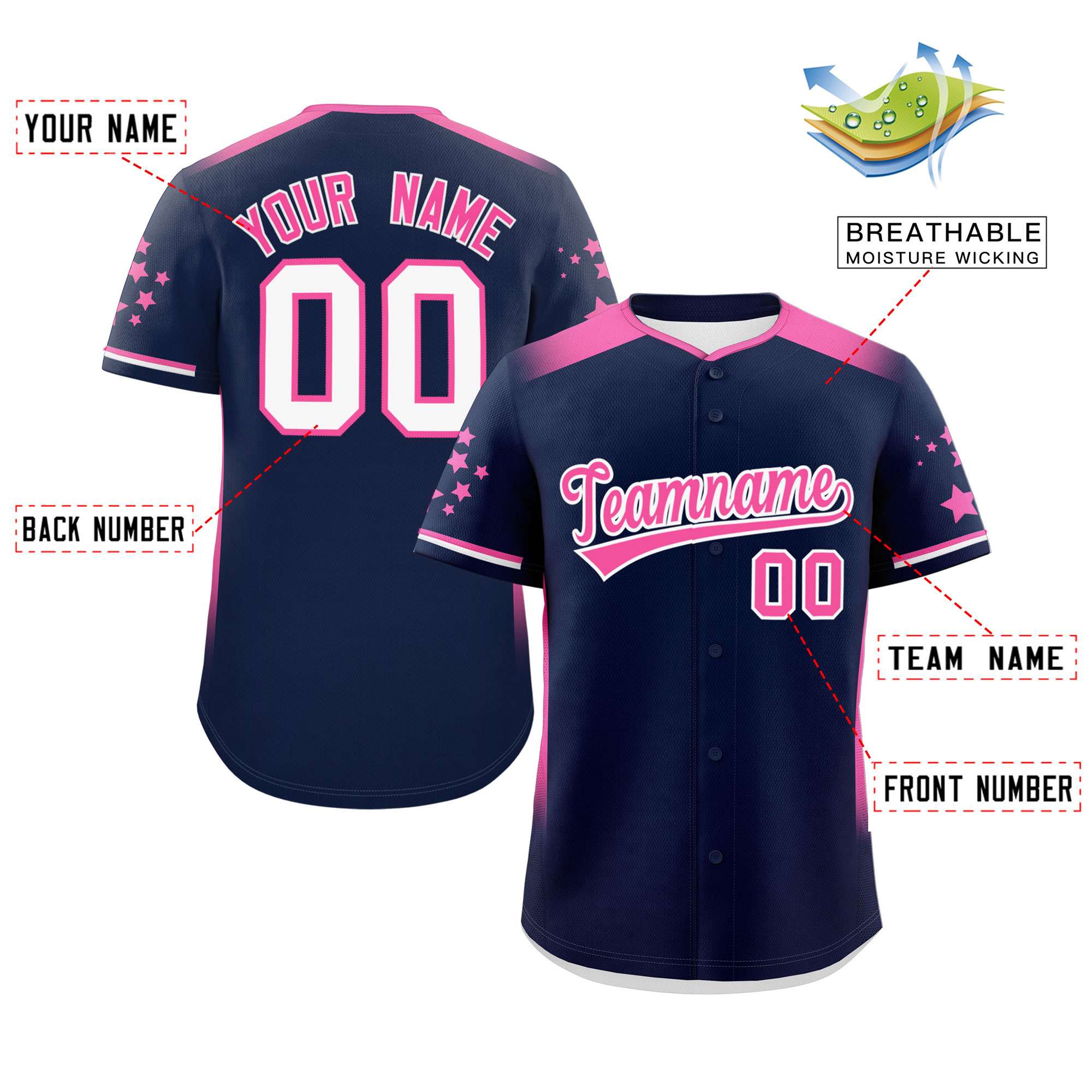 Custom Navy Pink Gradient Side Personalized Star Pattern Authentic Baseball Jersey