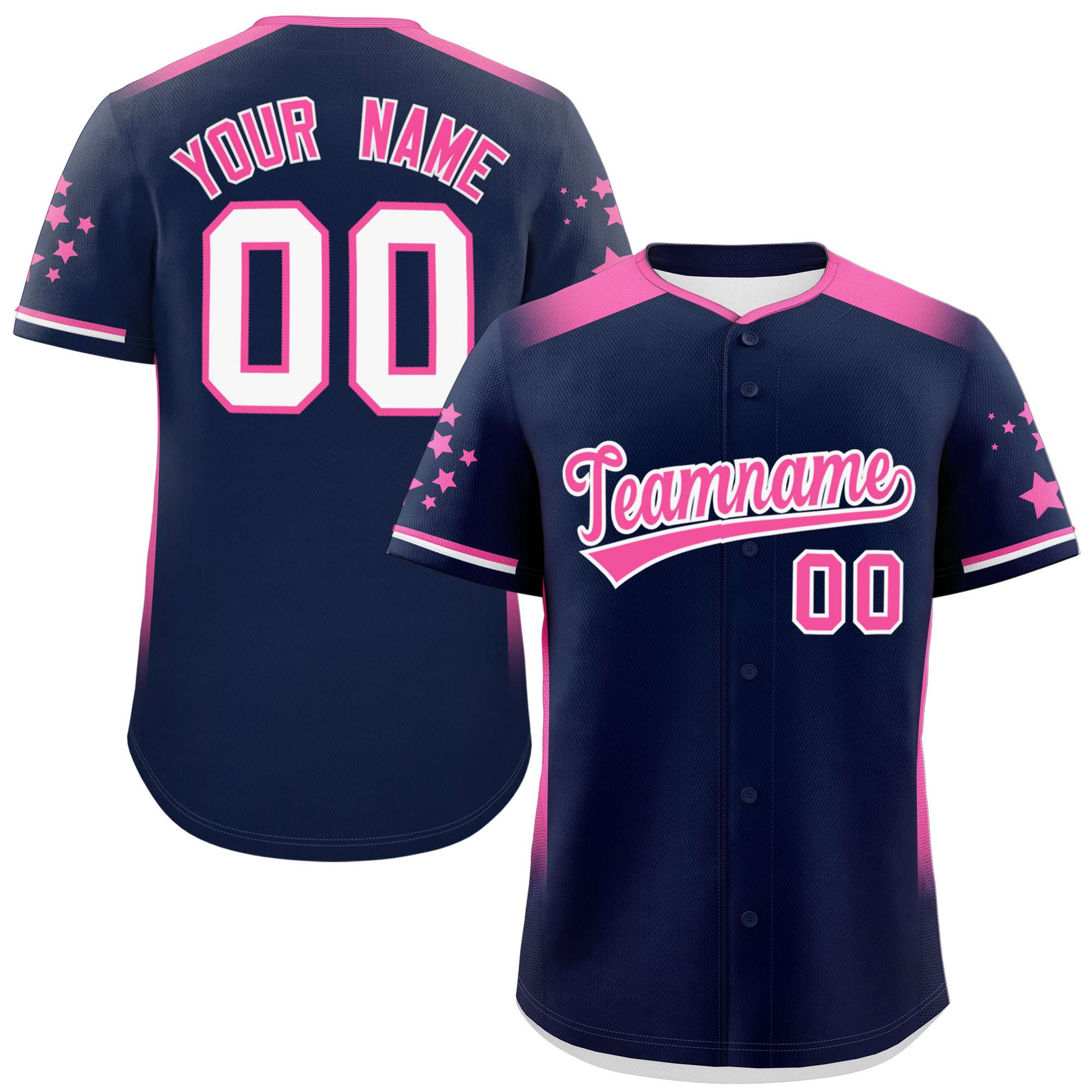 Custom Navy Pink Gradient Side Personalized Star Pattern Authentic Baseball Jersey