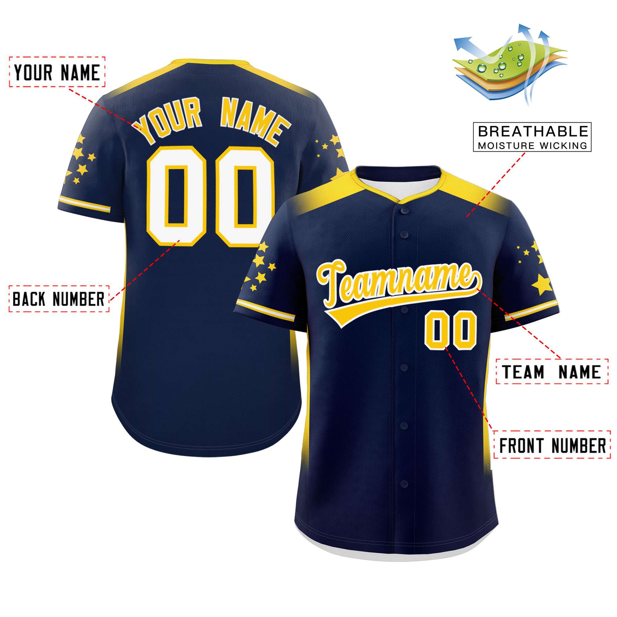 Custom Navy Gold Gradient Side Personalized Star Pattern Authentic Baseball Jersey