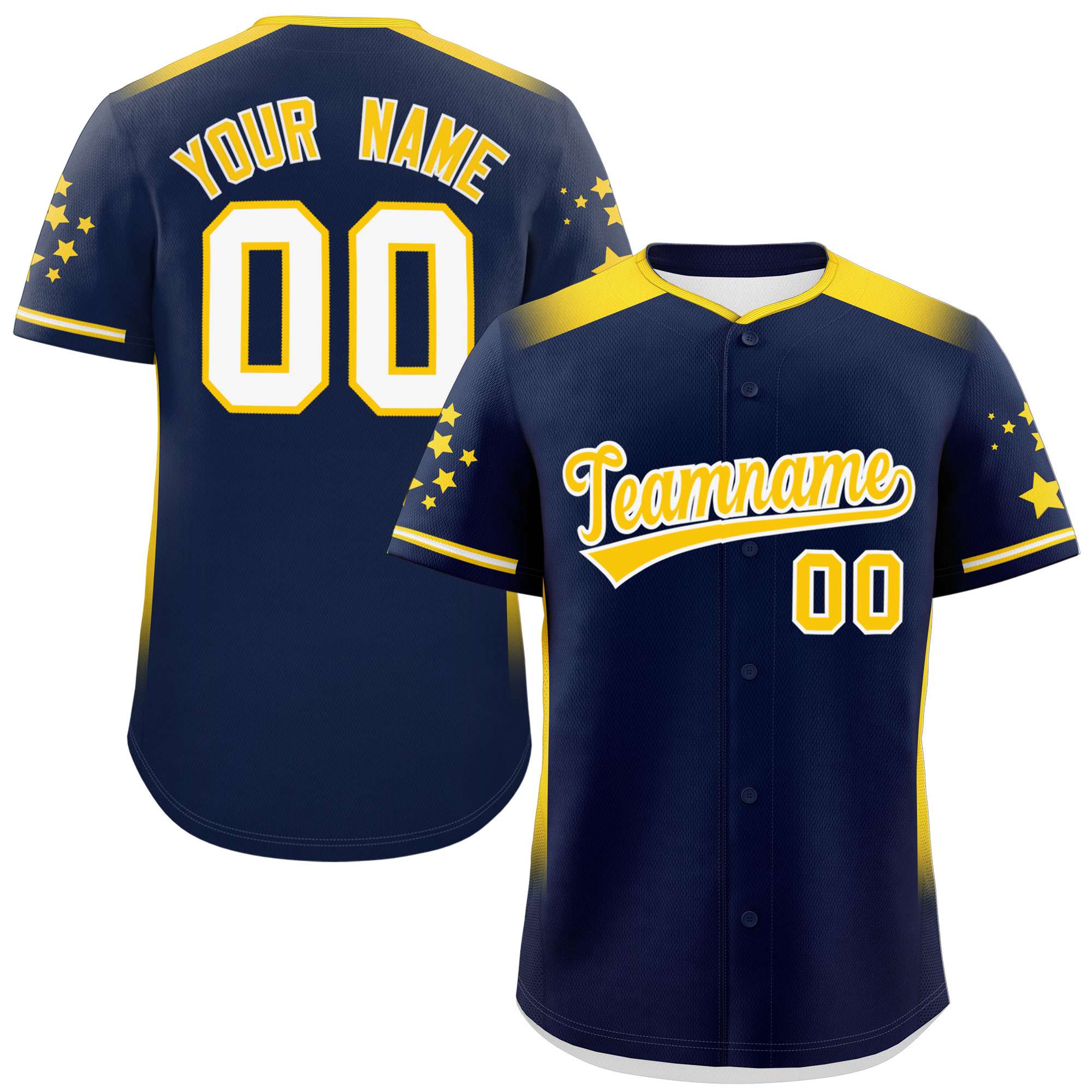 Custom Navy Gold Gradient Side Personalized Star Pattern Authentic Baseball Jersey