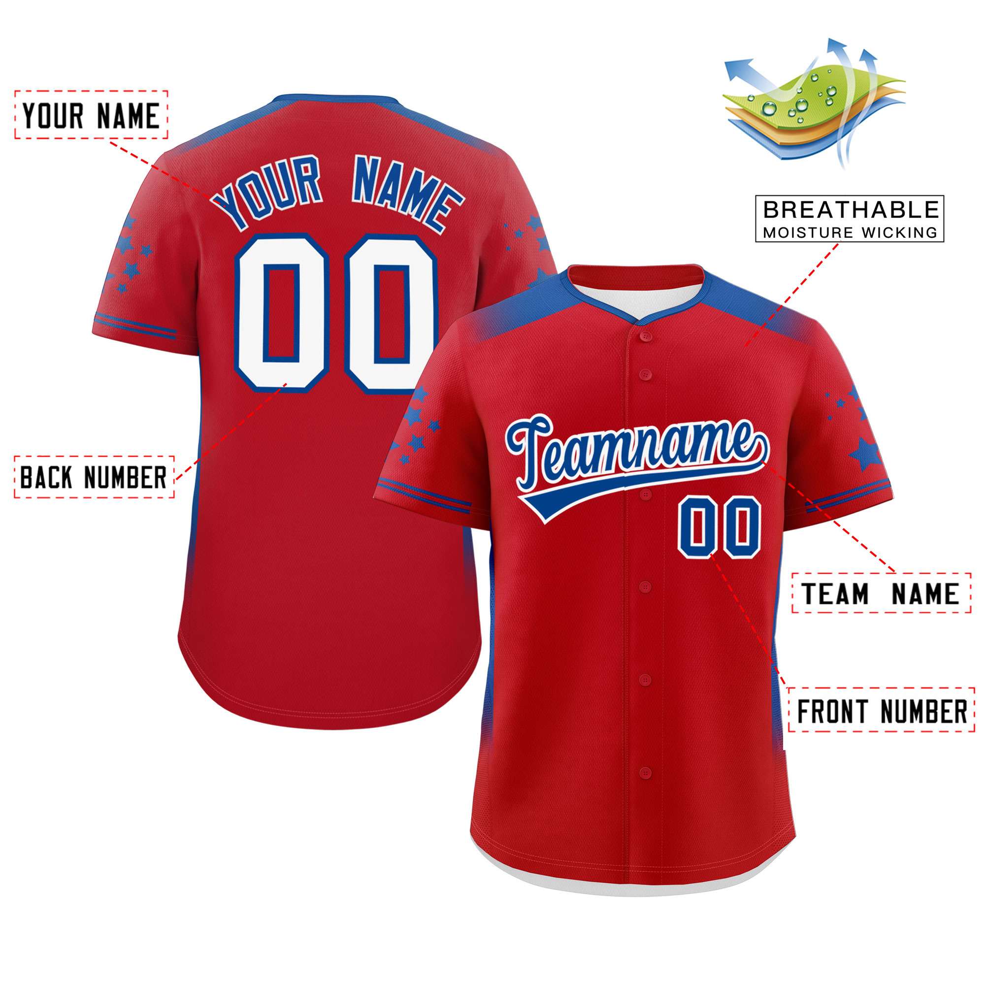 Custom Red Royal Gradient Side Personalized Star Pattern Authentic Baseball Jersey