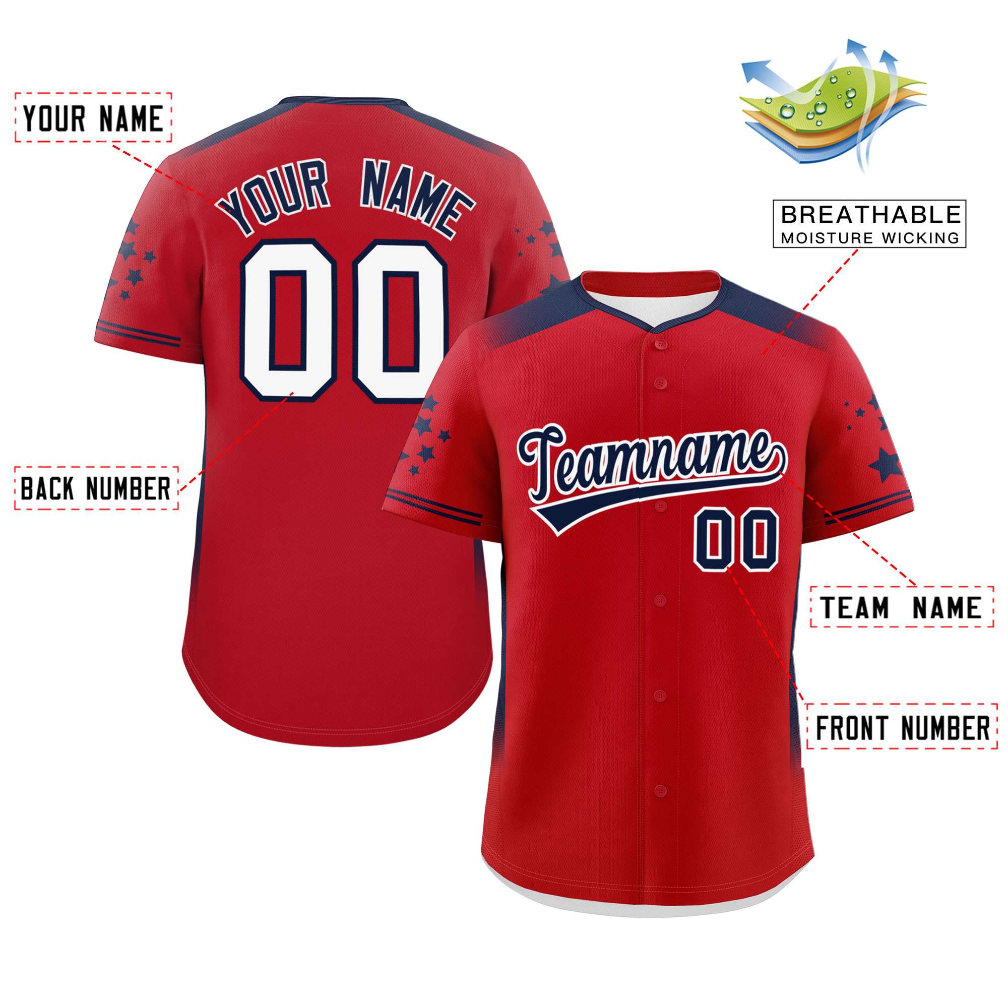 Custom Red Navy Gradient Side Personalized Star Pattern Authentic Baseball Jersey