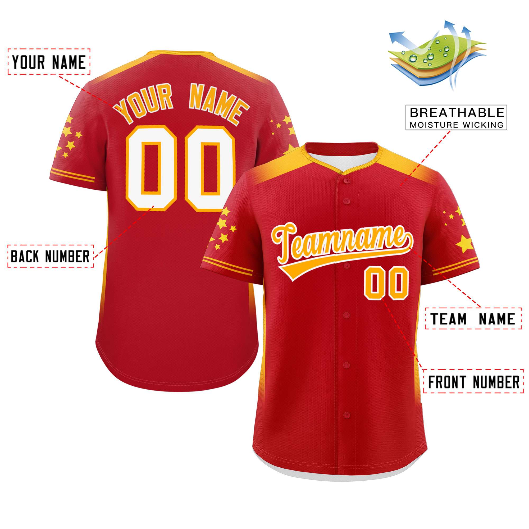 Custom Red Yellow Gradient Side Personalized Star Pattern Authentic Baseball Jersey