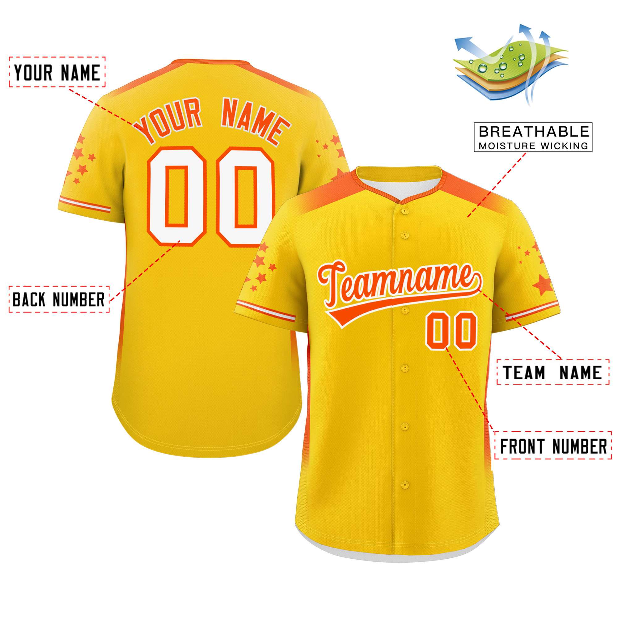 Custom Gold Orange Gradient Side Personalized Star Pattern Authentic Baseball Jersey