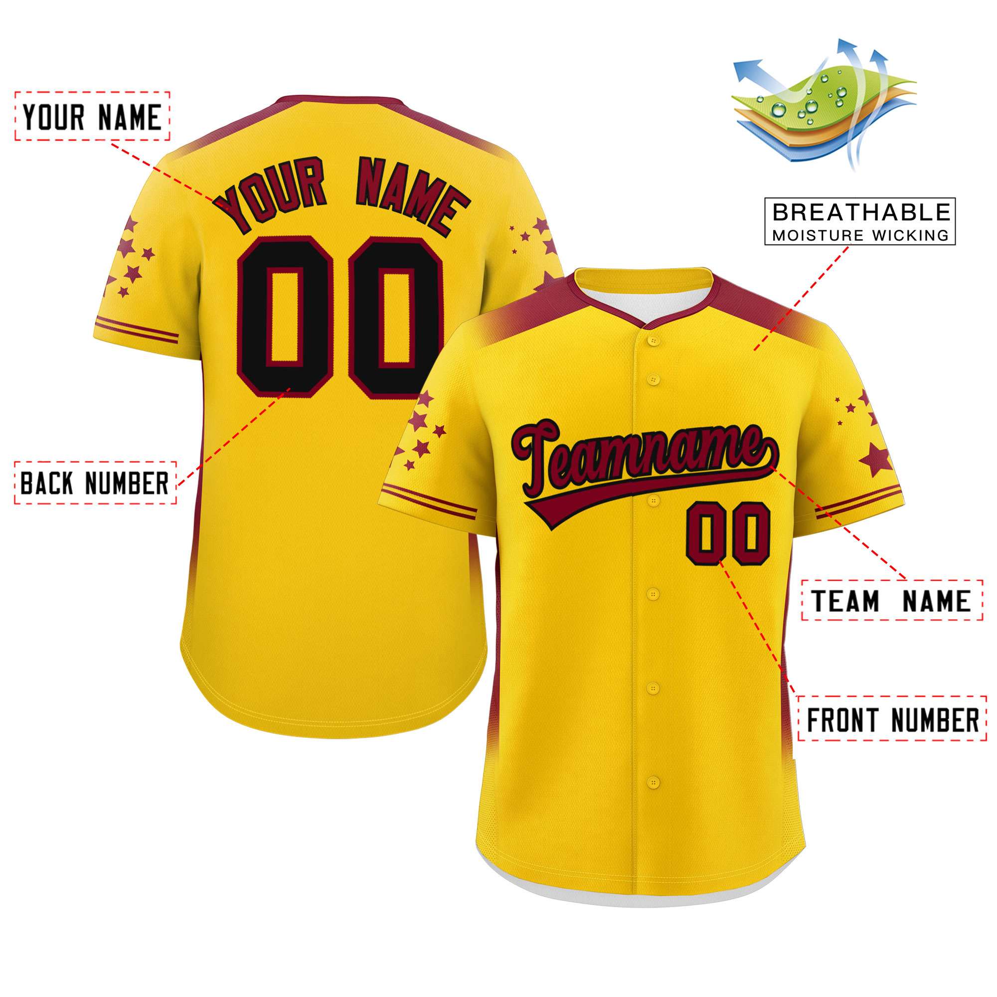 Custom Gold Crimson Gradient Side Personalized Star Pattern Authentic Baseball Jersey