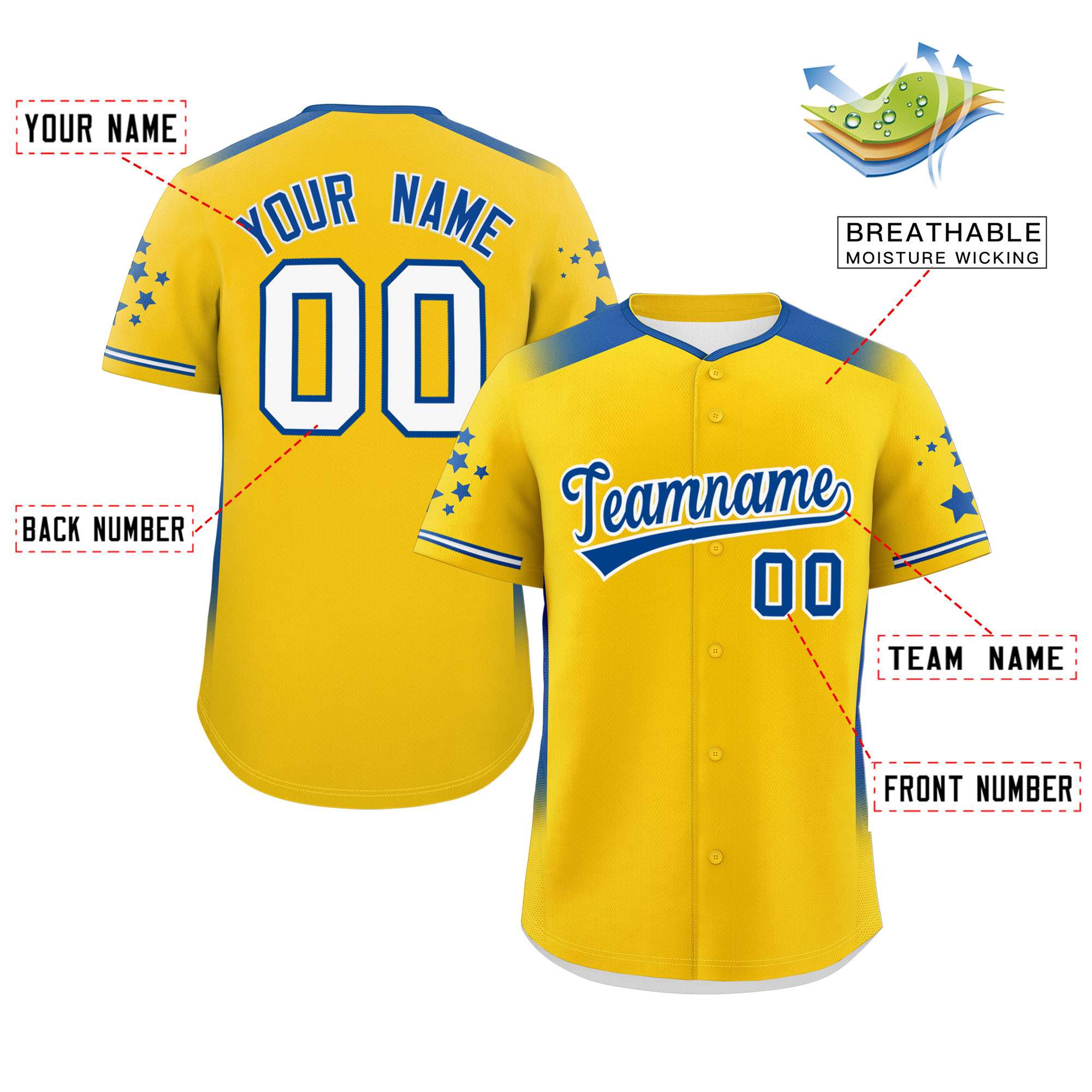 Custom Gold Royal Gradient Side Personalized Star Pattern Authentic Baseball Jersey