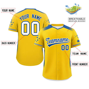 Custom Gold Royal Gradient Side Personalized Star Pattern Authentic Baseball Jersey