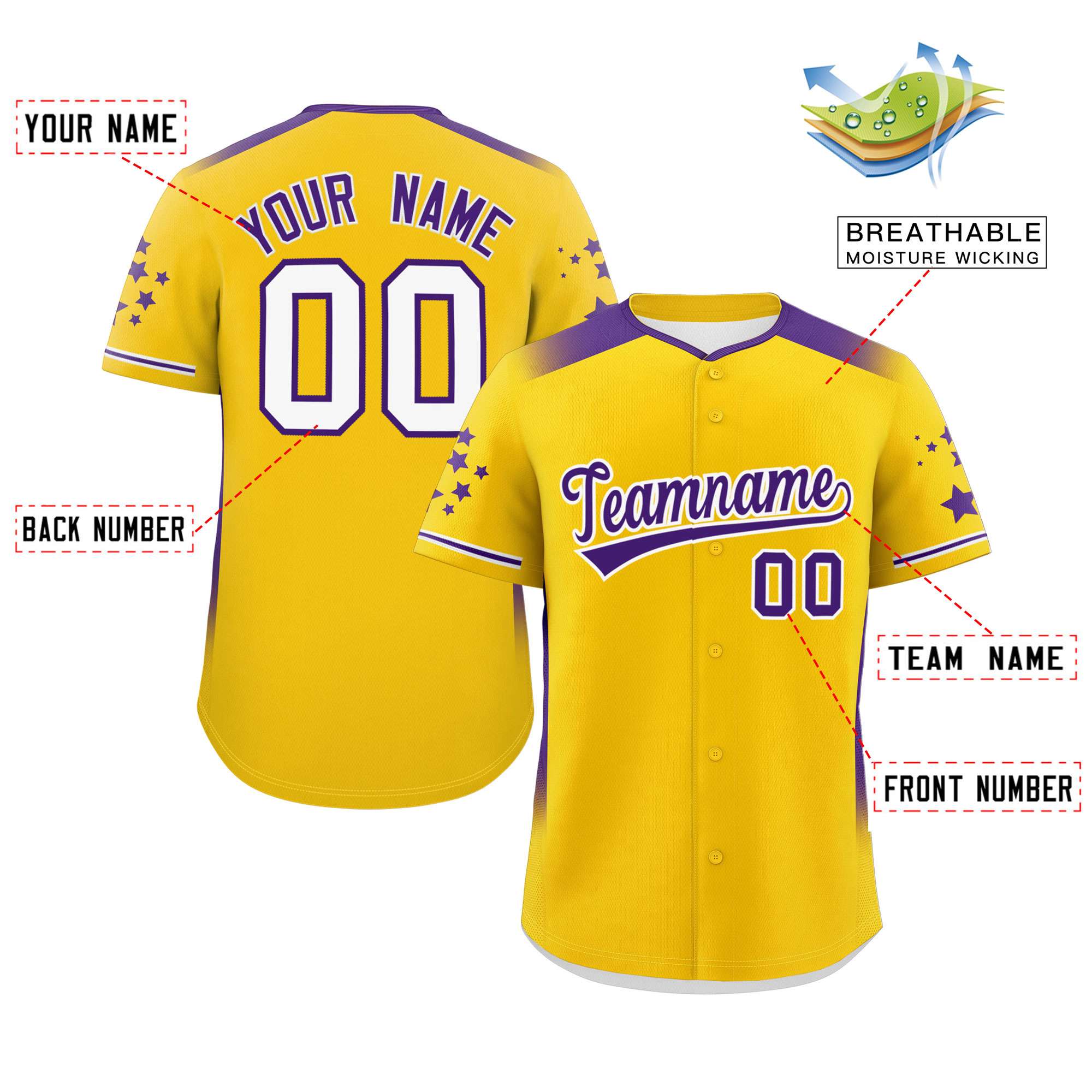 Custom Gold Purple Gradient Side Personalized Star Pattern Authentic Baseball Jersey