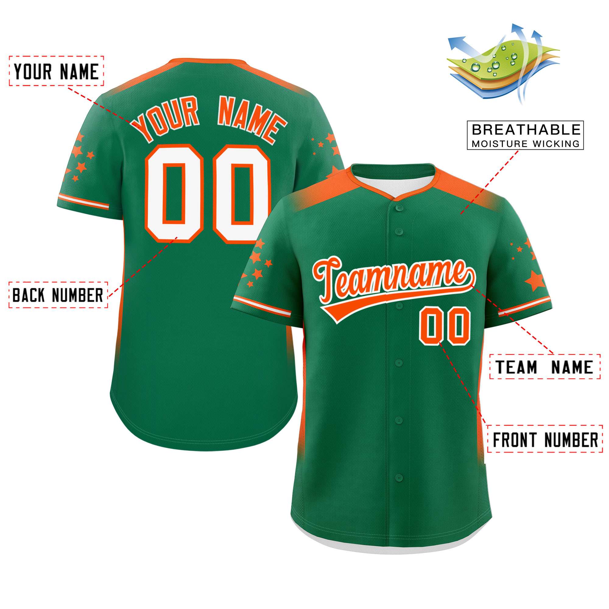 Custom Kelly Green Orange Gradient Side Personalized Star Pattern Authentic Baseball Jersey