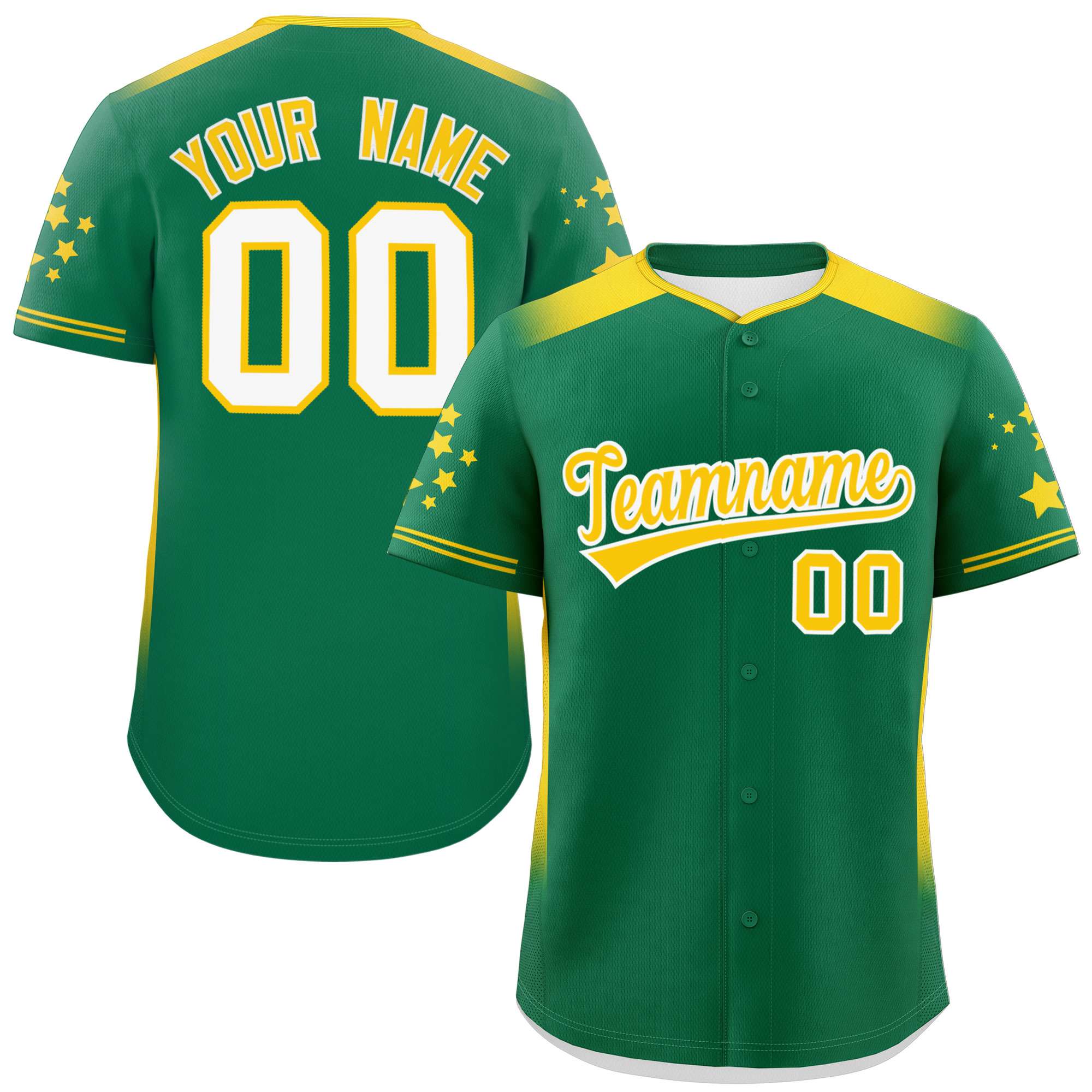 Custom Kelly Green Gold Gradient Side Personalized Star Pattern Authentic Baseball Jersey