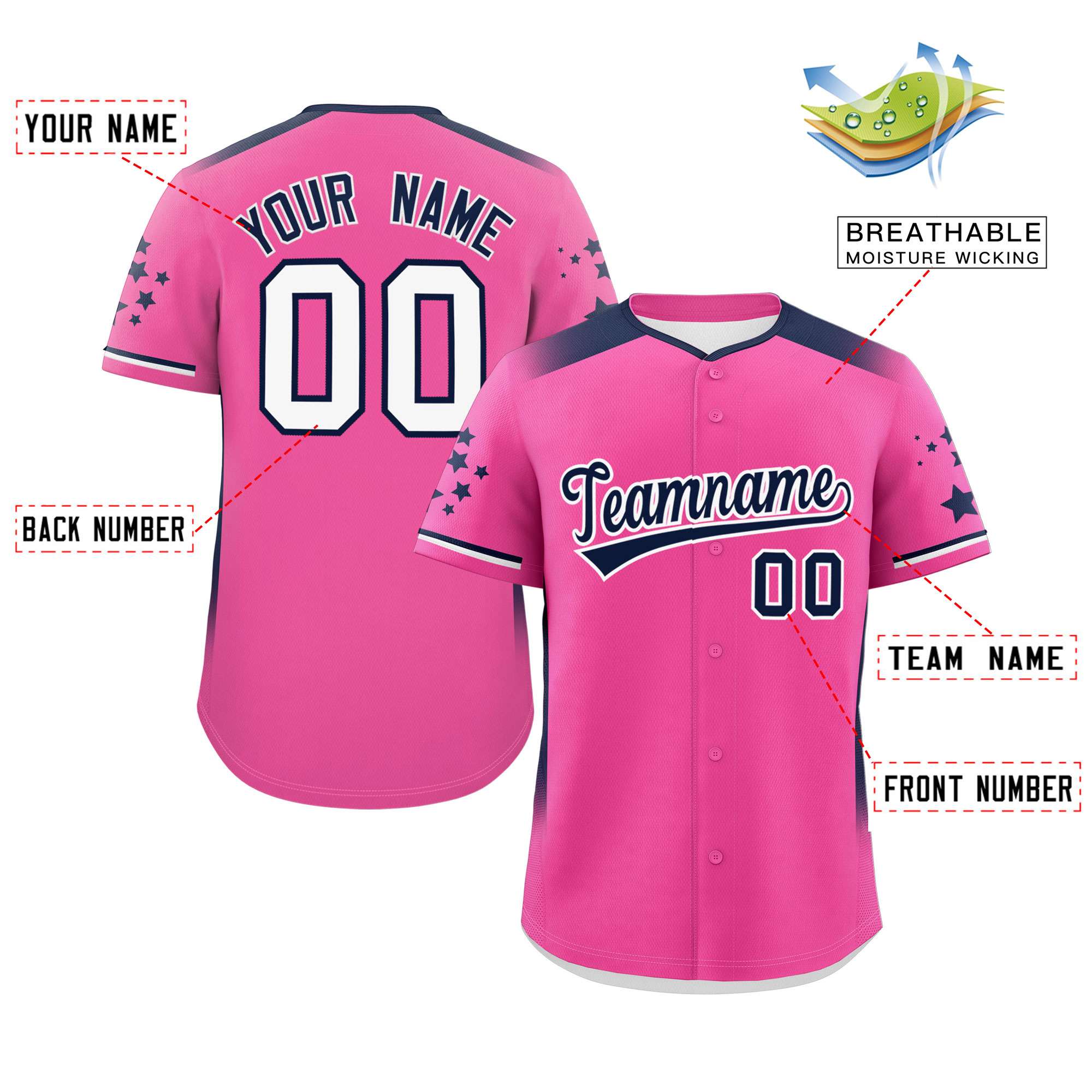 Custom Pink Navy Gradient Side Personalized Star Pattern Authentic Baseball Jersey