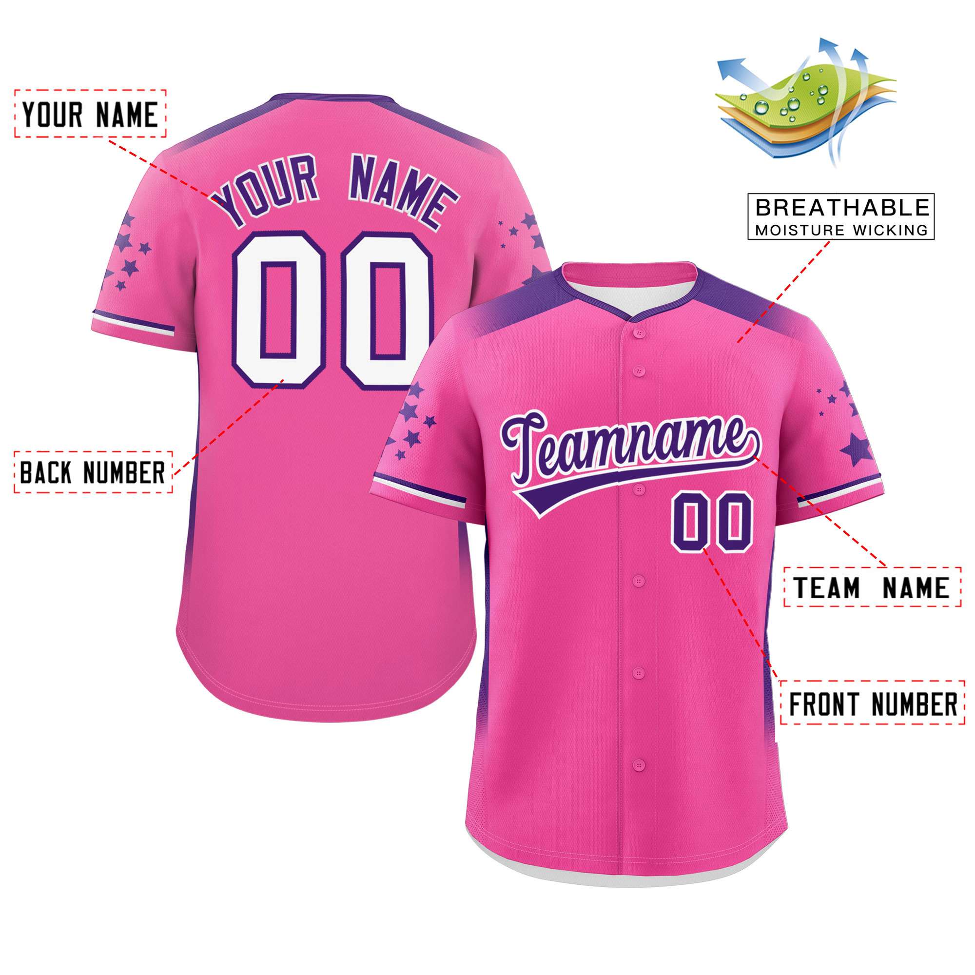 Custom Pink Purple Gradient Side Personalized Star Pattern Authentic Baseball Jersey