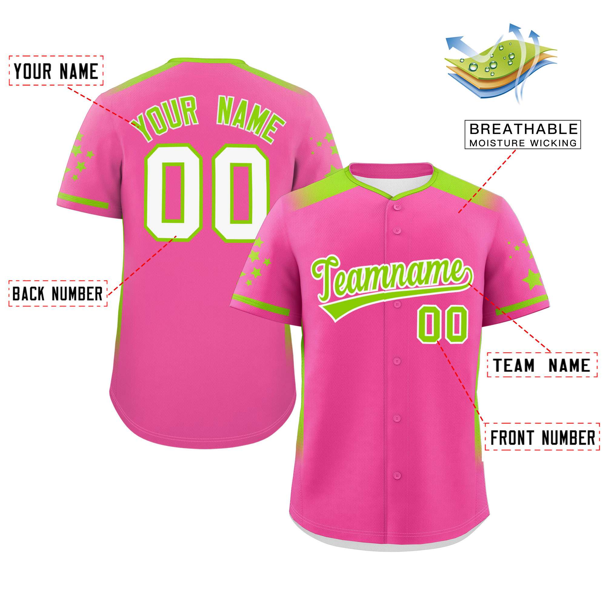 Custom Pink Neon Green Gradient Side Personalized Star Pattern Authentic Baseball Jersey